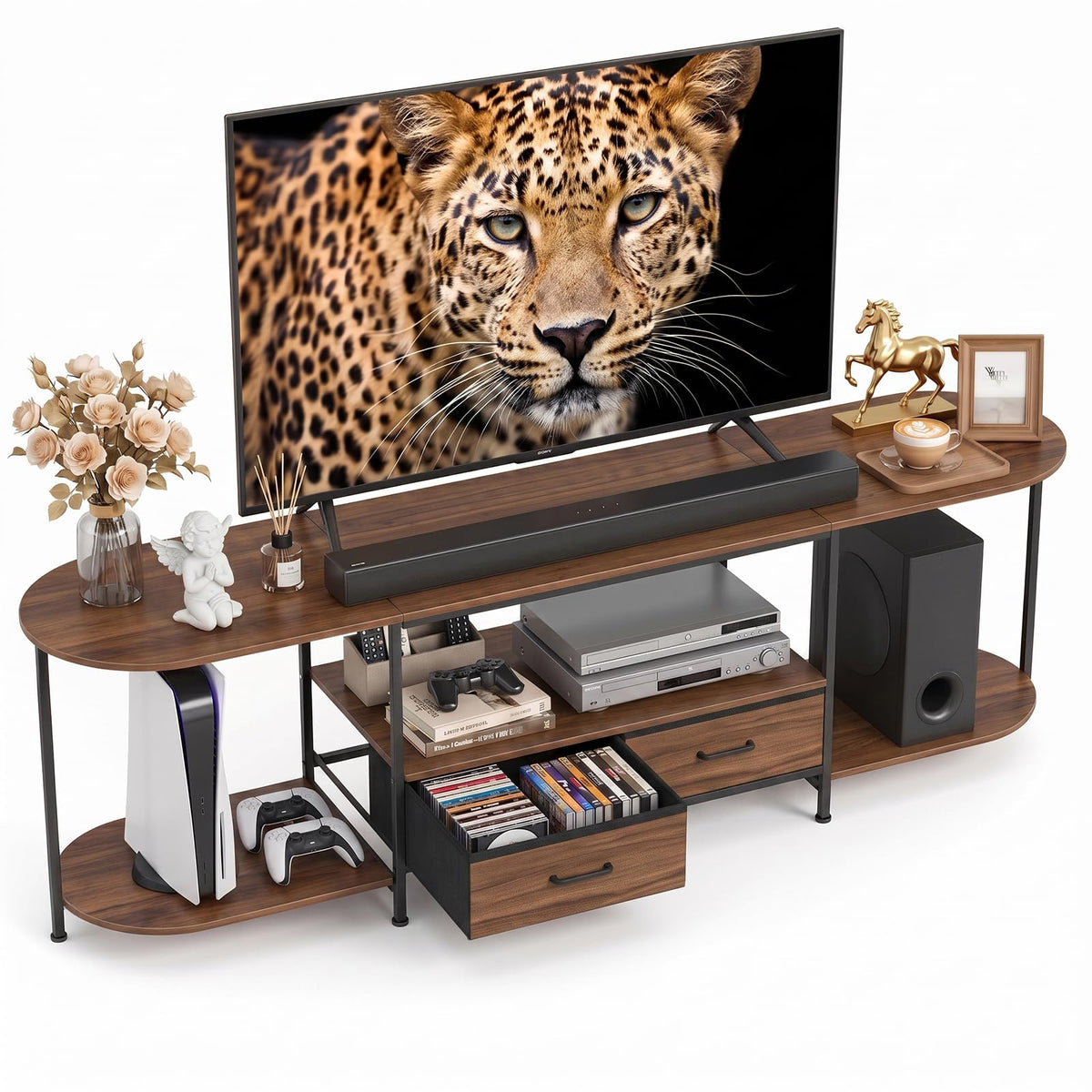 Faesun 63" TV Stand for TVs up to 75 Inches, Curved Edge Media Console & Entertainment Center with 2 Fabric Drawers, Modern TV Console Table for Living Room or Bedroom, Rustic Brown