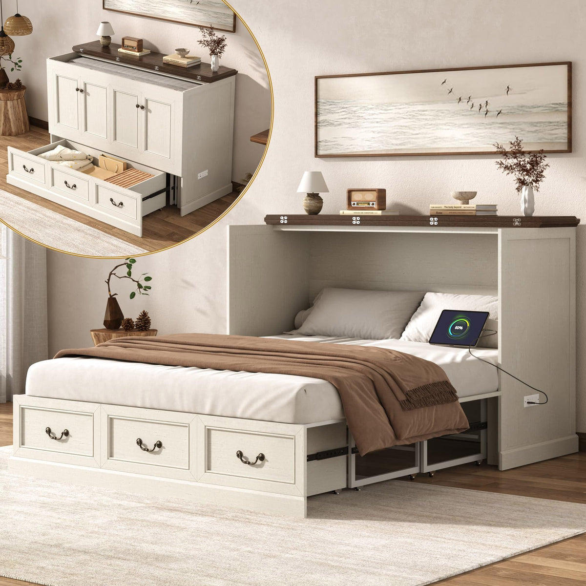 St.Mandyu Full Murphy Bed with Storage Drawers, Farmhouse Folding Bed Chest with Charging Station, Hideaway Beds with Foldable Panel for Guest Bedroom, Living Room, Office, Distressed White
