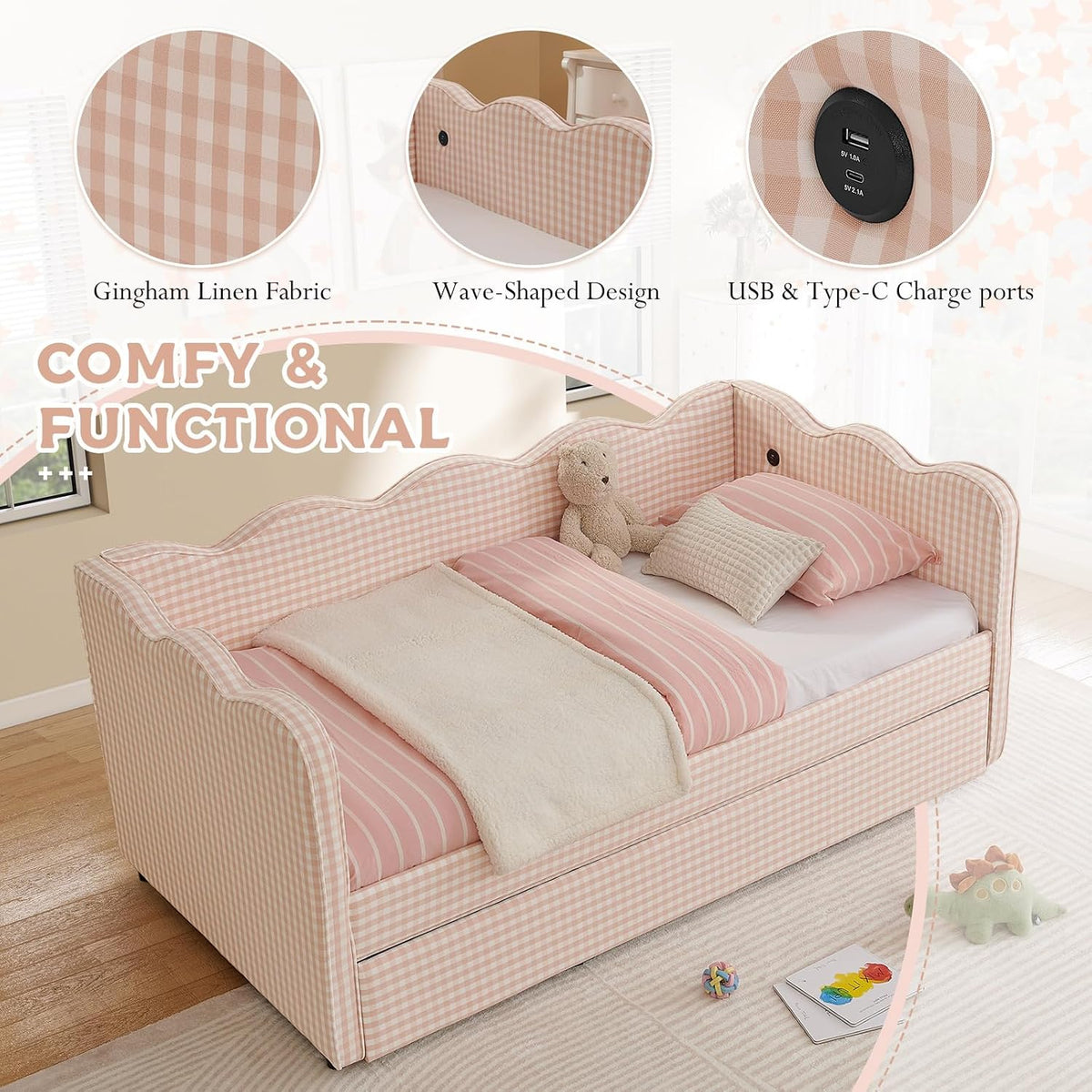Twin Size Daybed with Pop Up Trundle, Linen Gingham Twin to King Daybed with USB Ports, Upholstered Day Bed Frame, Modern Sofa Bed for Living Room/Bedroom/Guest Room, No Box Spring Needed, Pink