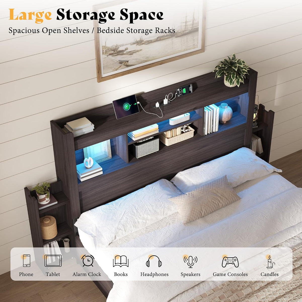 AMERLIFE Queen/Full Size Wood Headboard Only with Storage, Black Oak