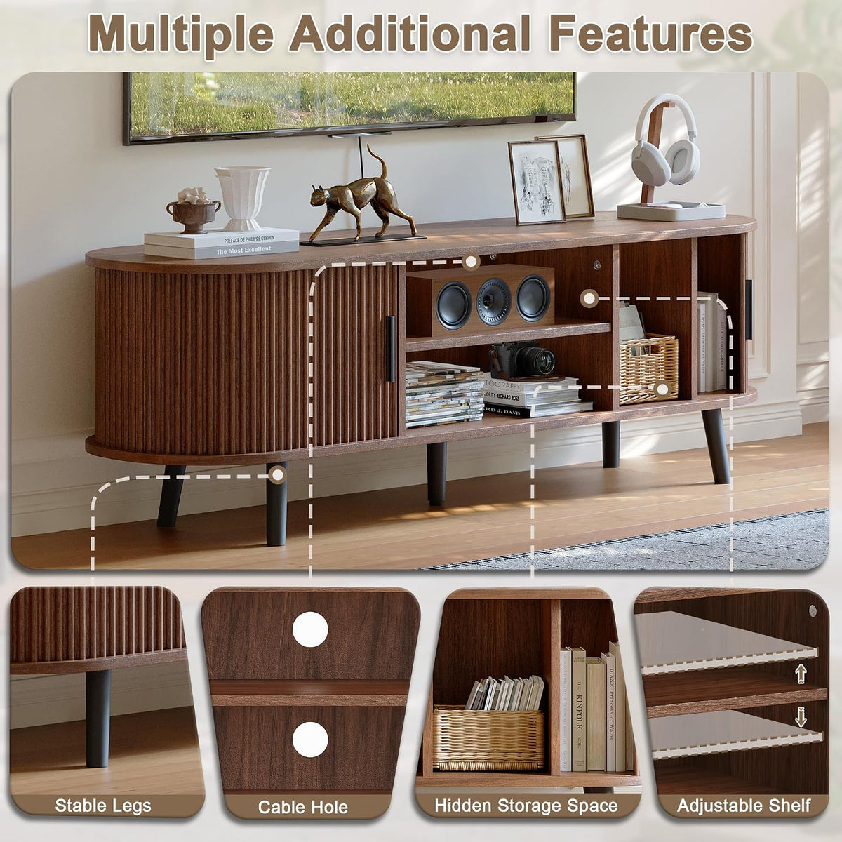 ChooChoo 54" Mid Century Modern TV Stand with Fluted Sliding Doors