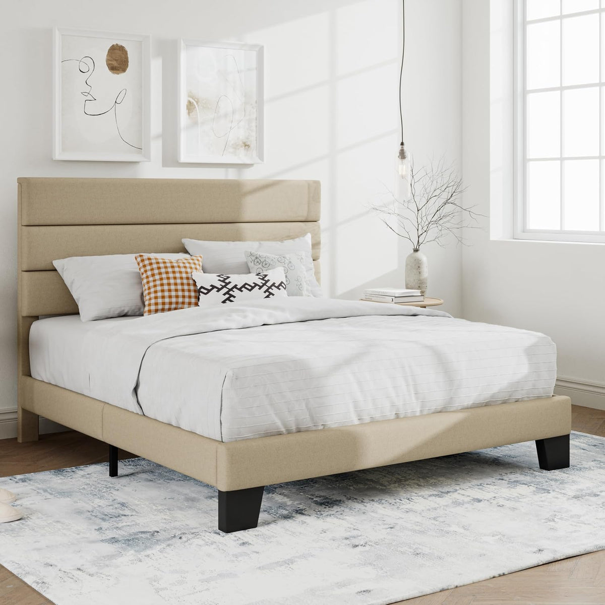 SHA CERLIN Queen Platform Bed Frame with Upholstered Fabric Headboard,Beige