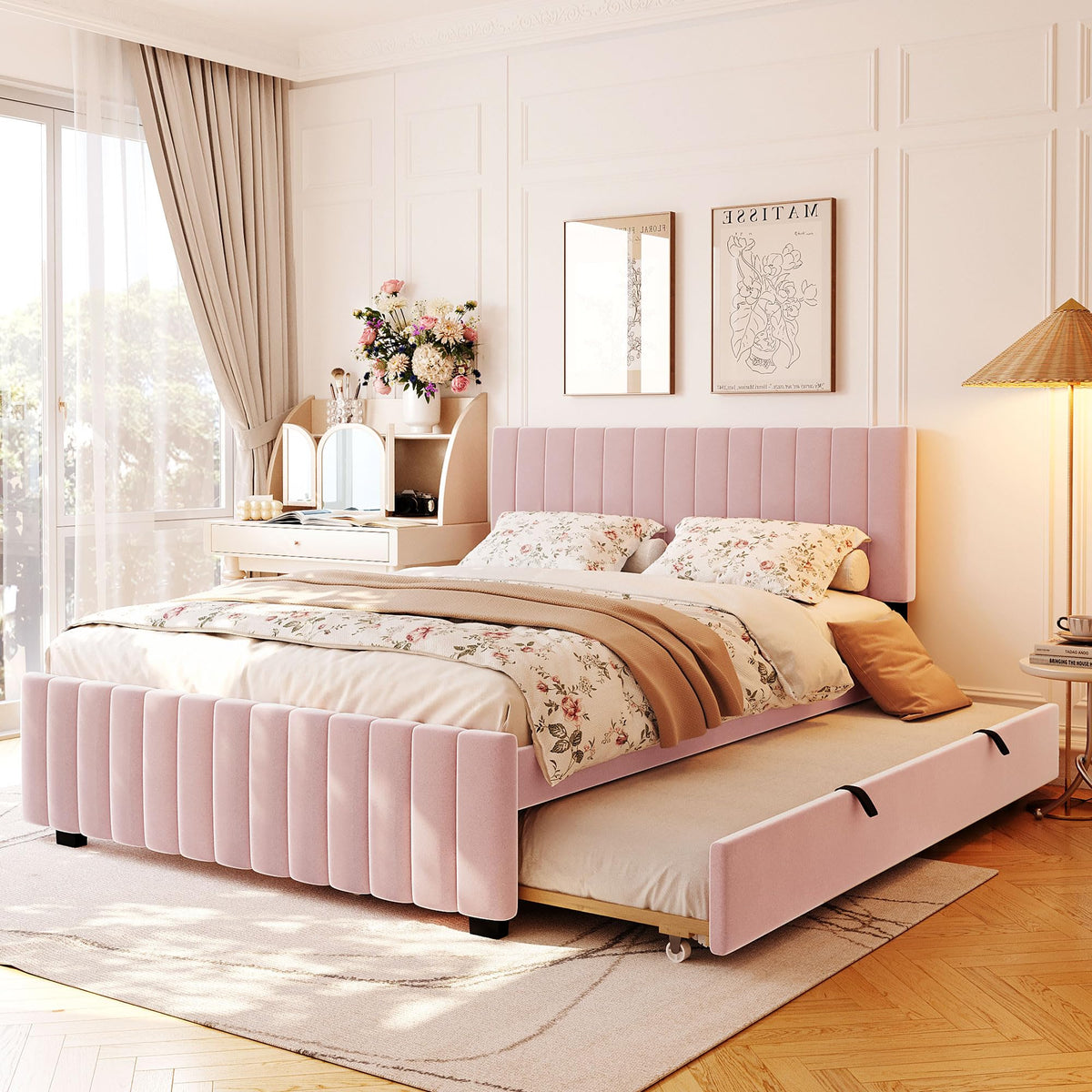Merax Twin Size Velvet Upholstered Platform Bed, Wood Bed Frame with Twin Size Trundle, Beige