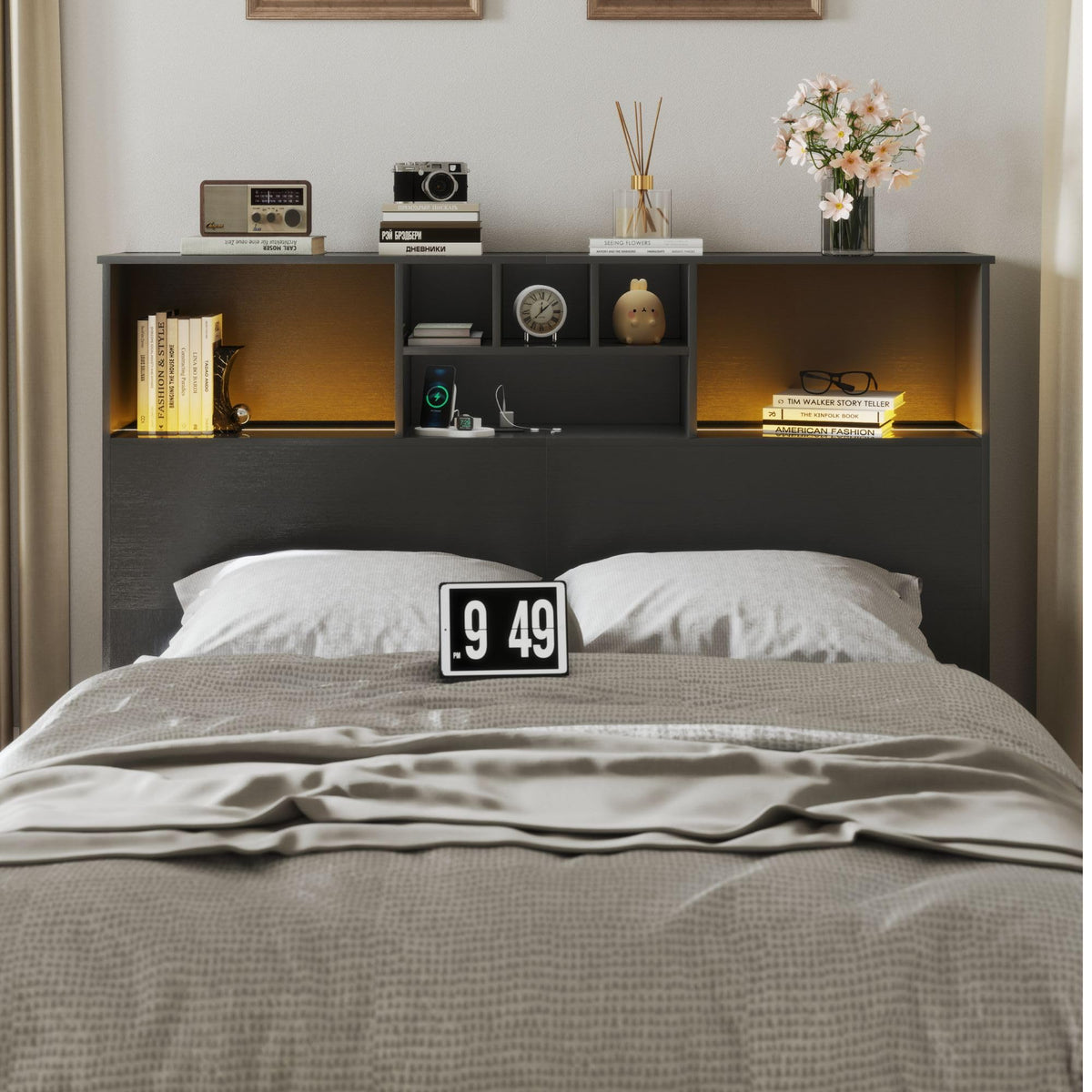 Apicizon 81" King Size Headboard Only, Black Storage Headboard with USB for King Size Bedroom, Wood Head Board with 2 LED Lights, Black Bookshelf