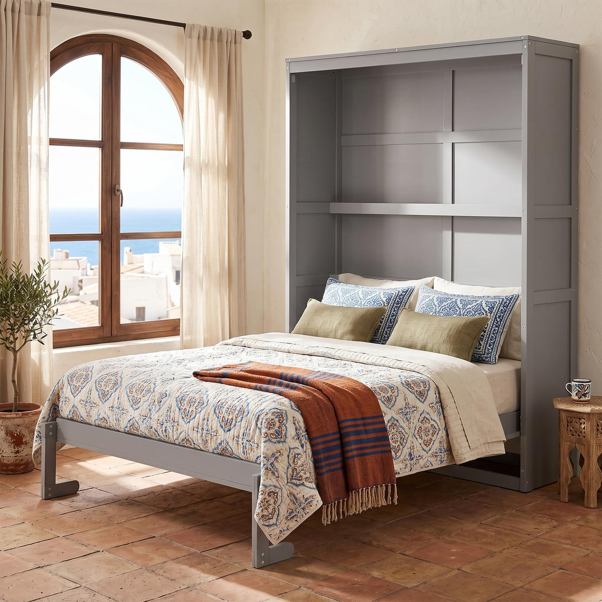 YOPTO Queen Murphy Bed with Storage Shelves and Desk,Cabinets,Lights,White