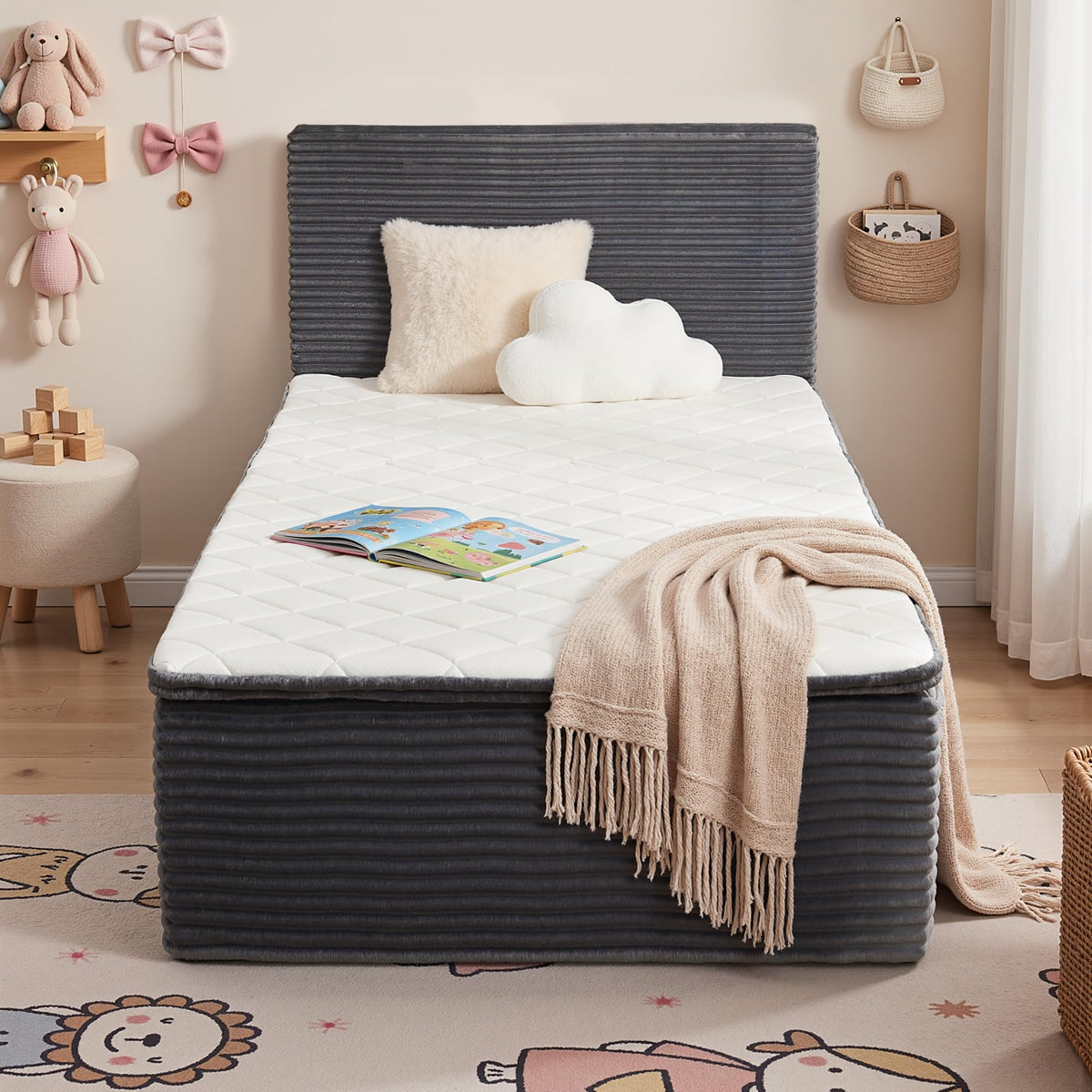 Queen Boneless Bed Frame with Headboard, 17'' Memory Foam Mattress, Gray