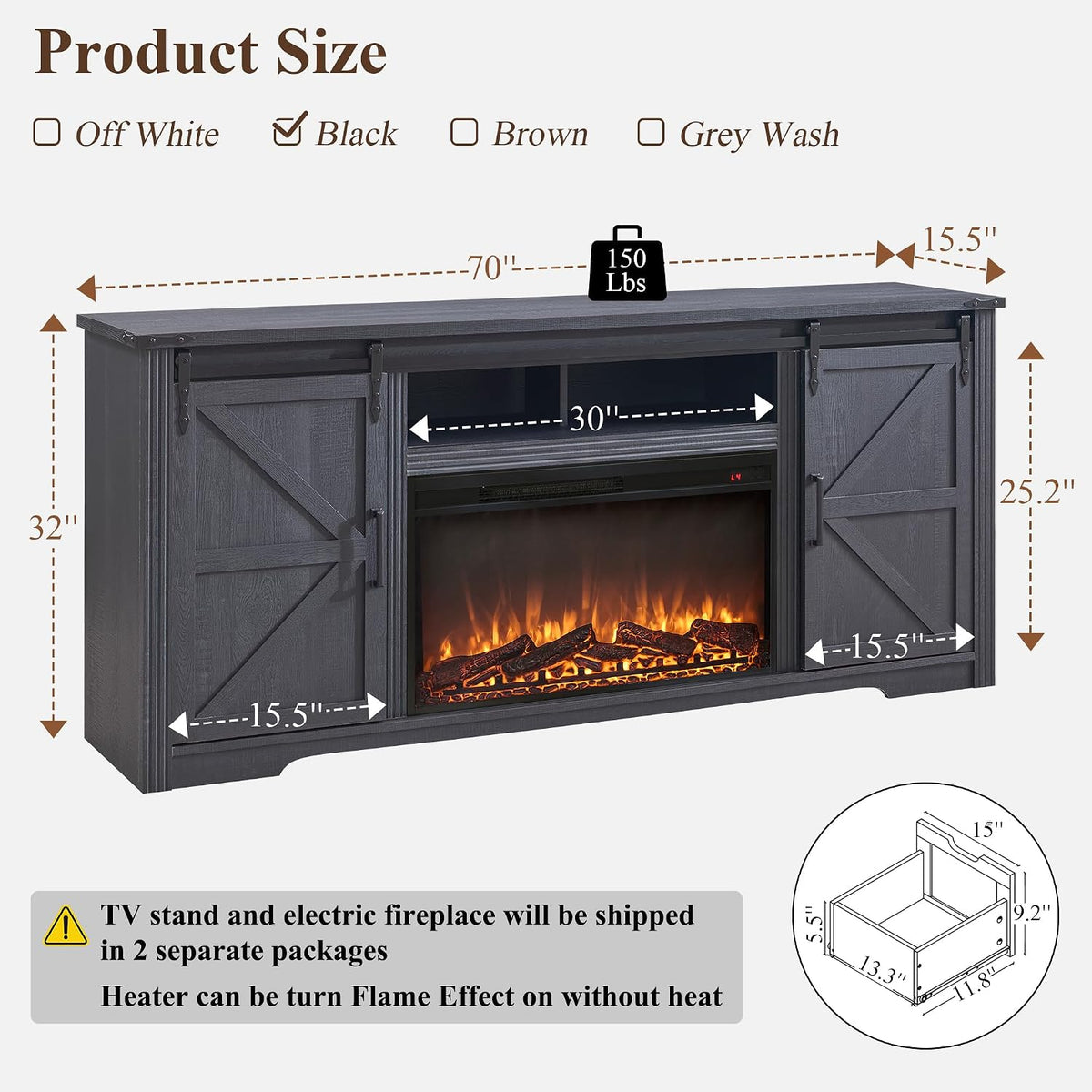 Farmhouse Fireplace TV Stand for 80 Inch TV, w/Drawer & Sliding Barn Door
