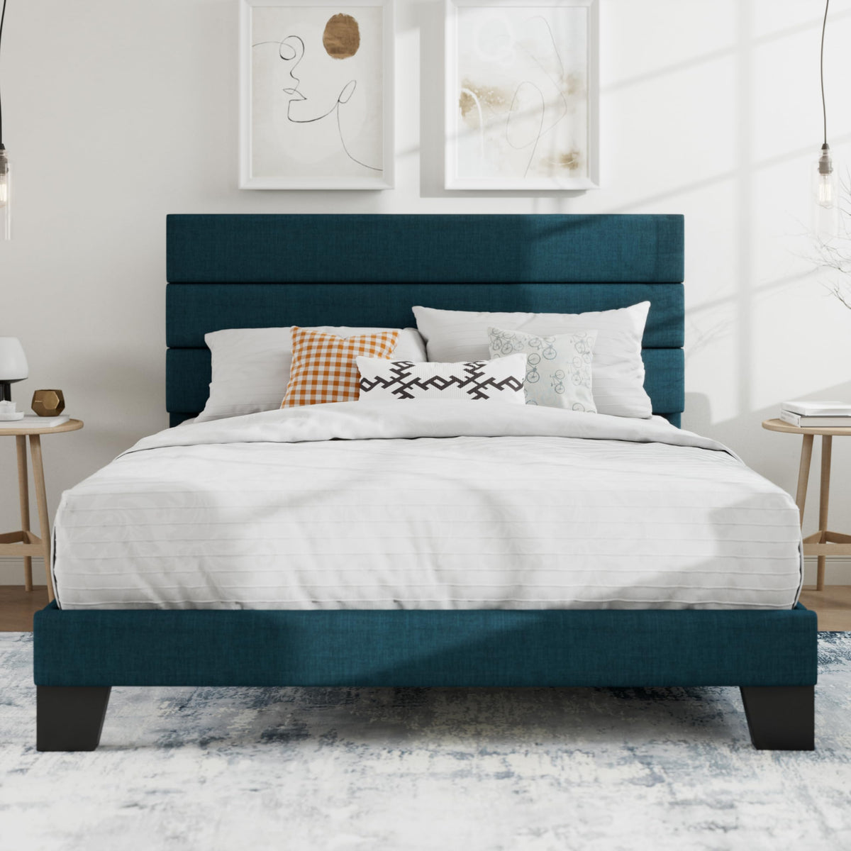SHA CERLIN Queen Platform Bed Frame with Upholstered Fabric Headboard,Beige
