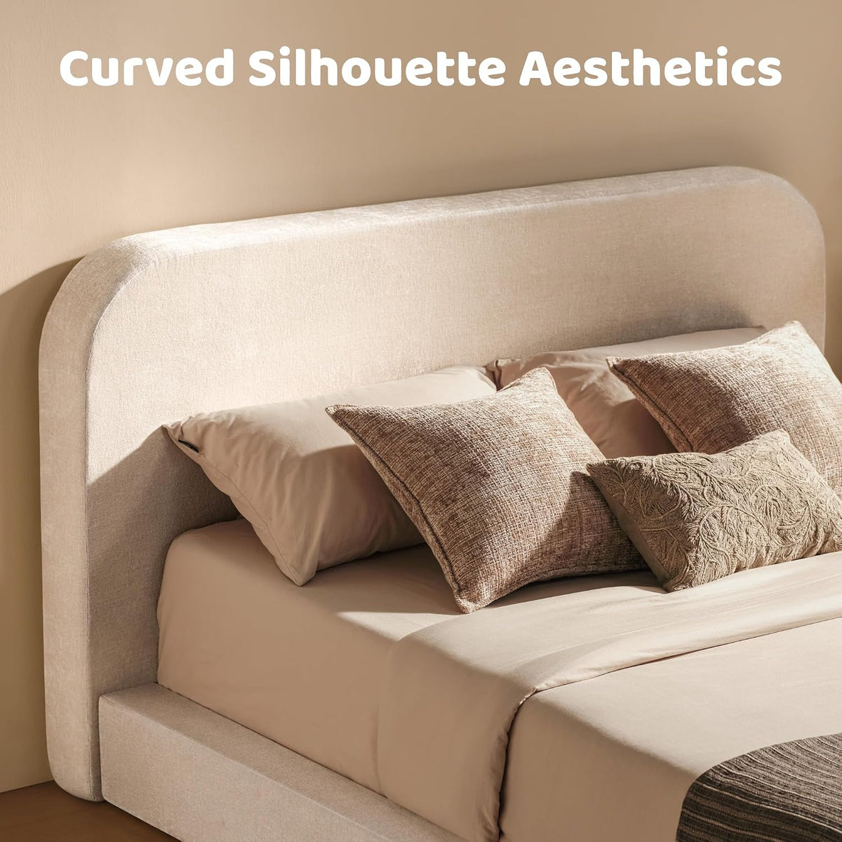 RECCI AirFrame Queen Upholstered Bed Frame with Rounded-Corner Headboard