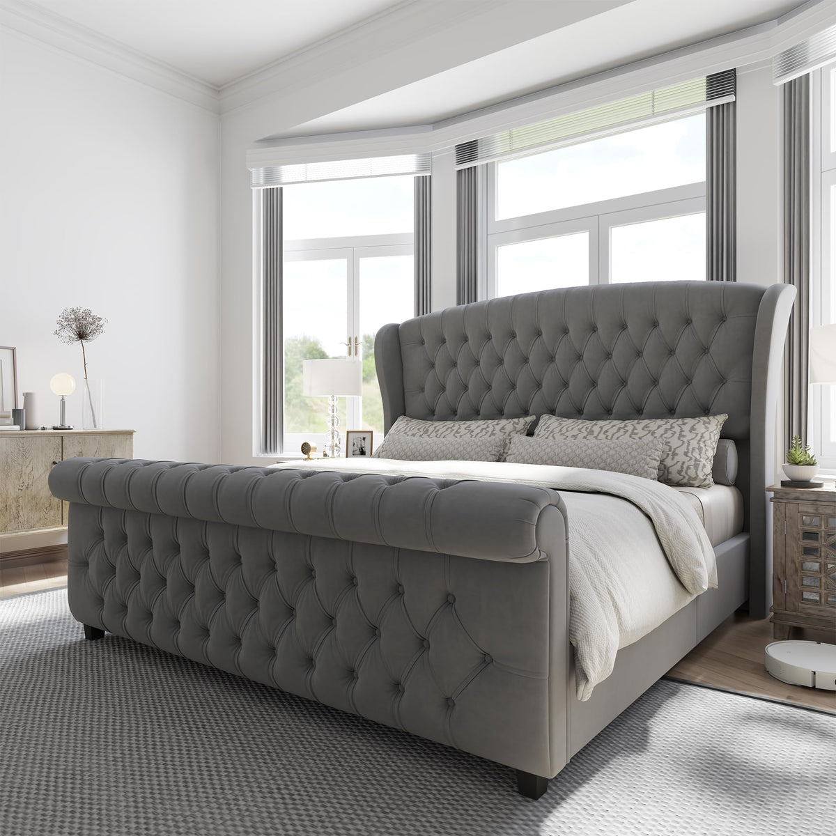 AMERLIFE Queen Size Upholstered Sleigh Bed Frame with Wingback Headboard