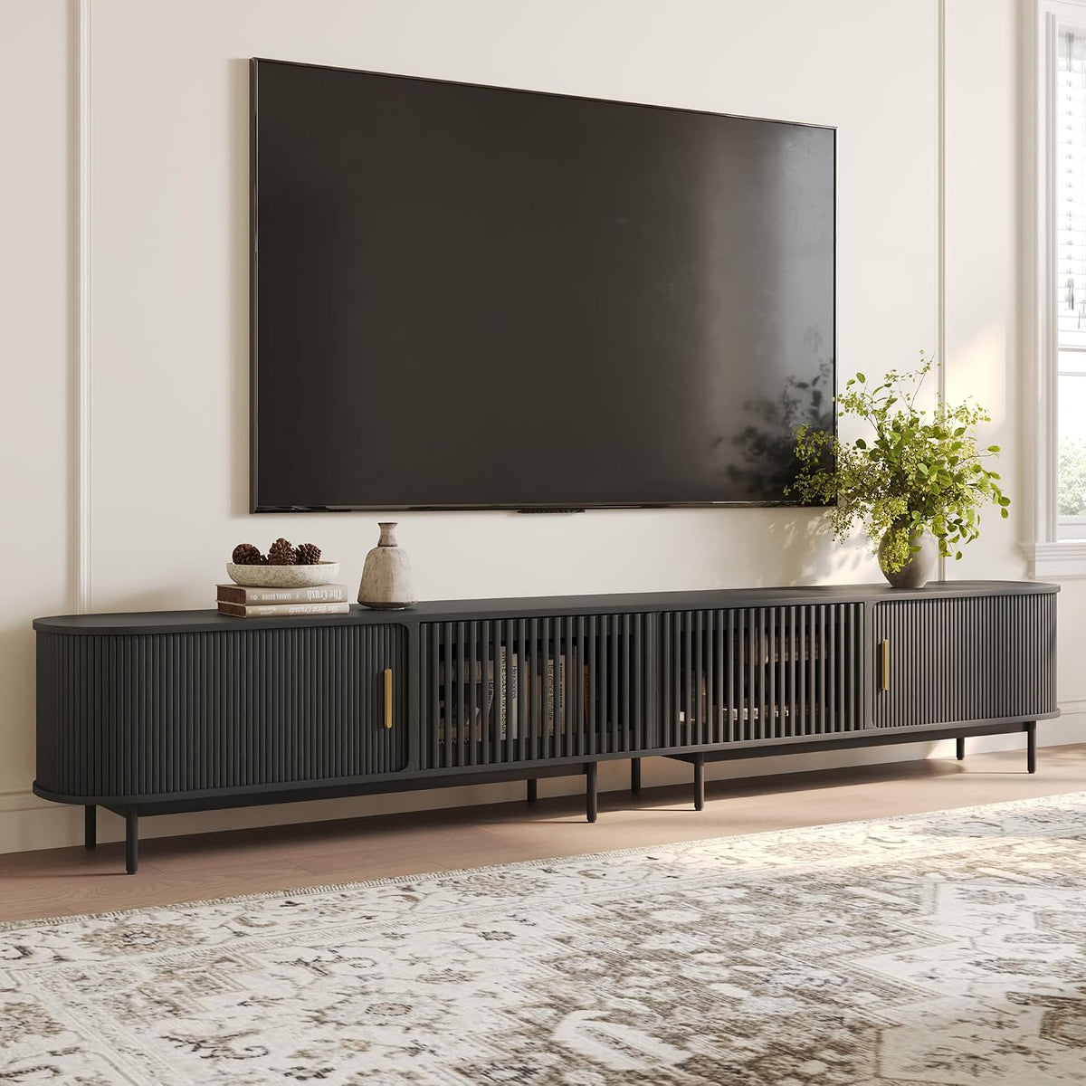 POVISON 118.11" Wood Fully-Assembled Sliding Tambour Door TV Stand, Black