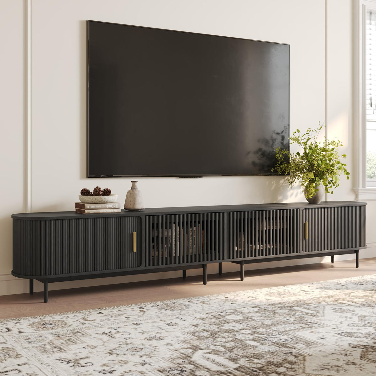 POVISON 70.87" Wood Fully-Assembled Sliding Tambour Door TV Stand, Walnut