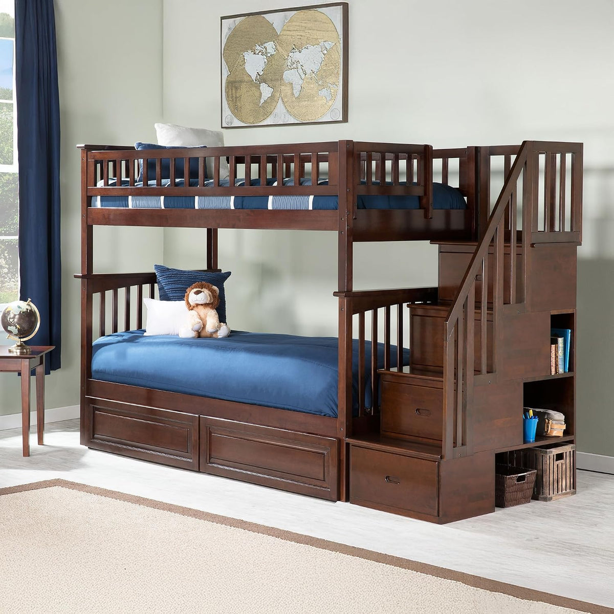 AFI, Columbia Staircase Bunk Bed Twin Over Twin & Raised Panel Bed Drawers, Walnut