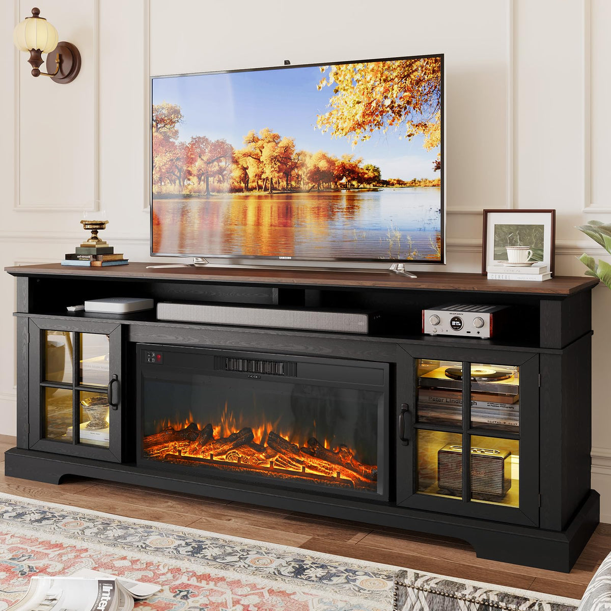 70" TV Stand with Electric Fireplace, Modern Entertainment Center for TVs Up to 80 Inches, Media Console with Storage Cabinets & Doors, Farmhouse Style for Living Room, Black