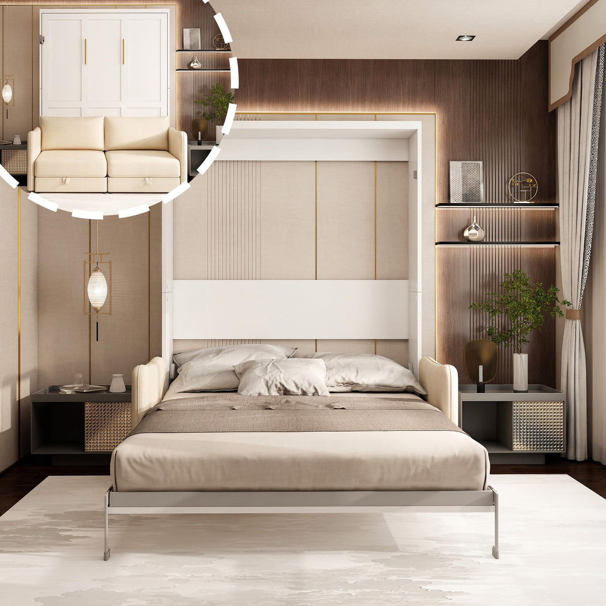 Queen Murphy Bed with Sofa, Space-Saving Wall Bed, Metal Frame, White