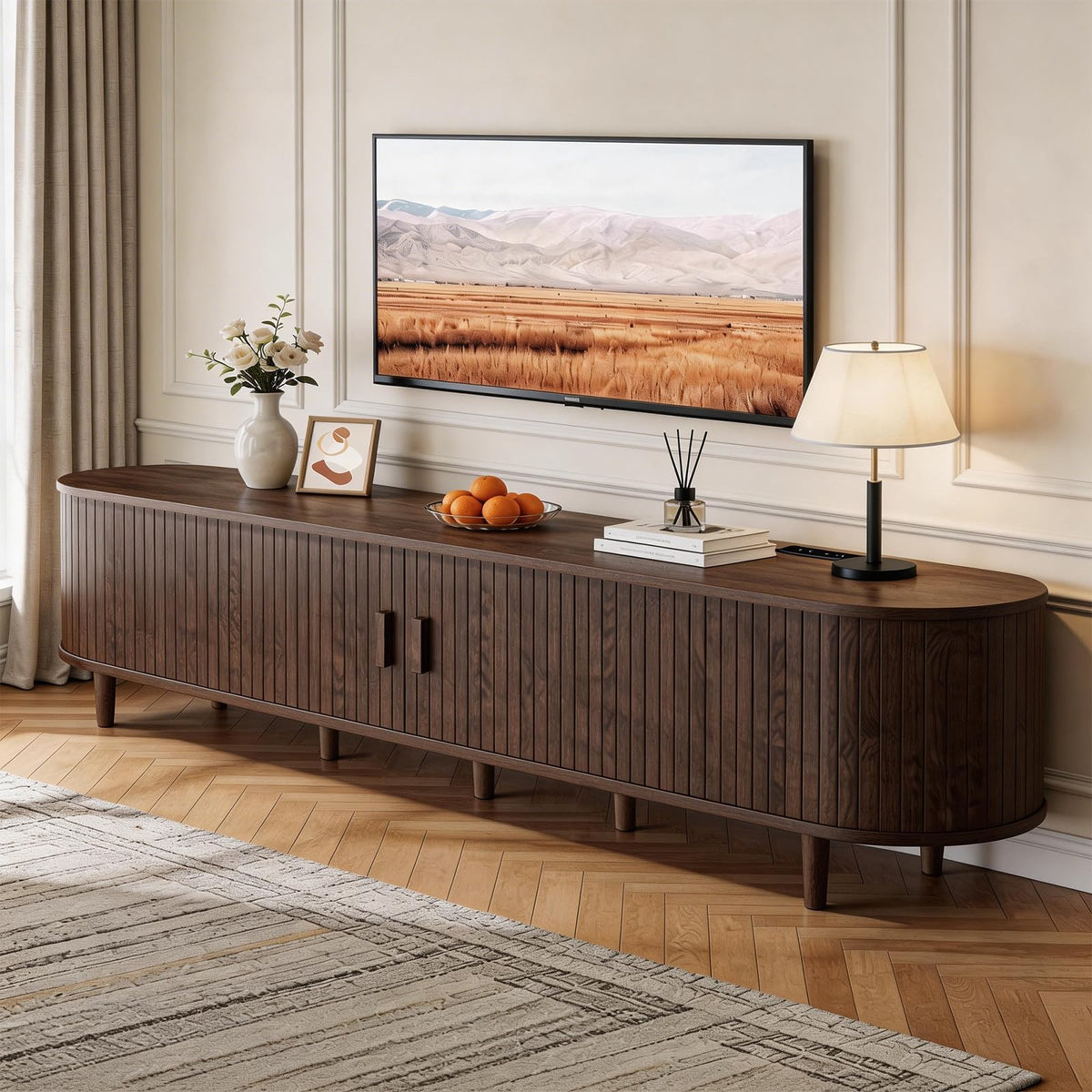 65" Mid Century Modern TV Stand with Power Outlet, Fluted Entertainment Center with Storage and Adjustable Shelves, Wood TV Console with Sliding Doors for Living Room, Walnut