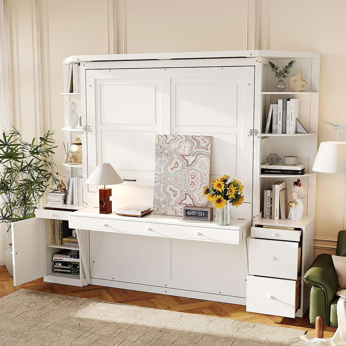 YOPTO Queen Murphy Bed with Storage Shelves and Desk,Cabinets,Lights,White
