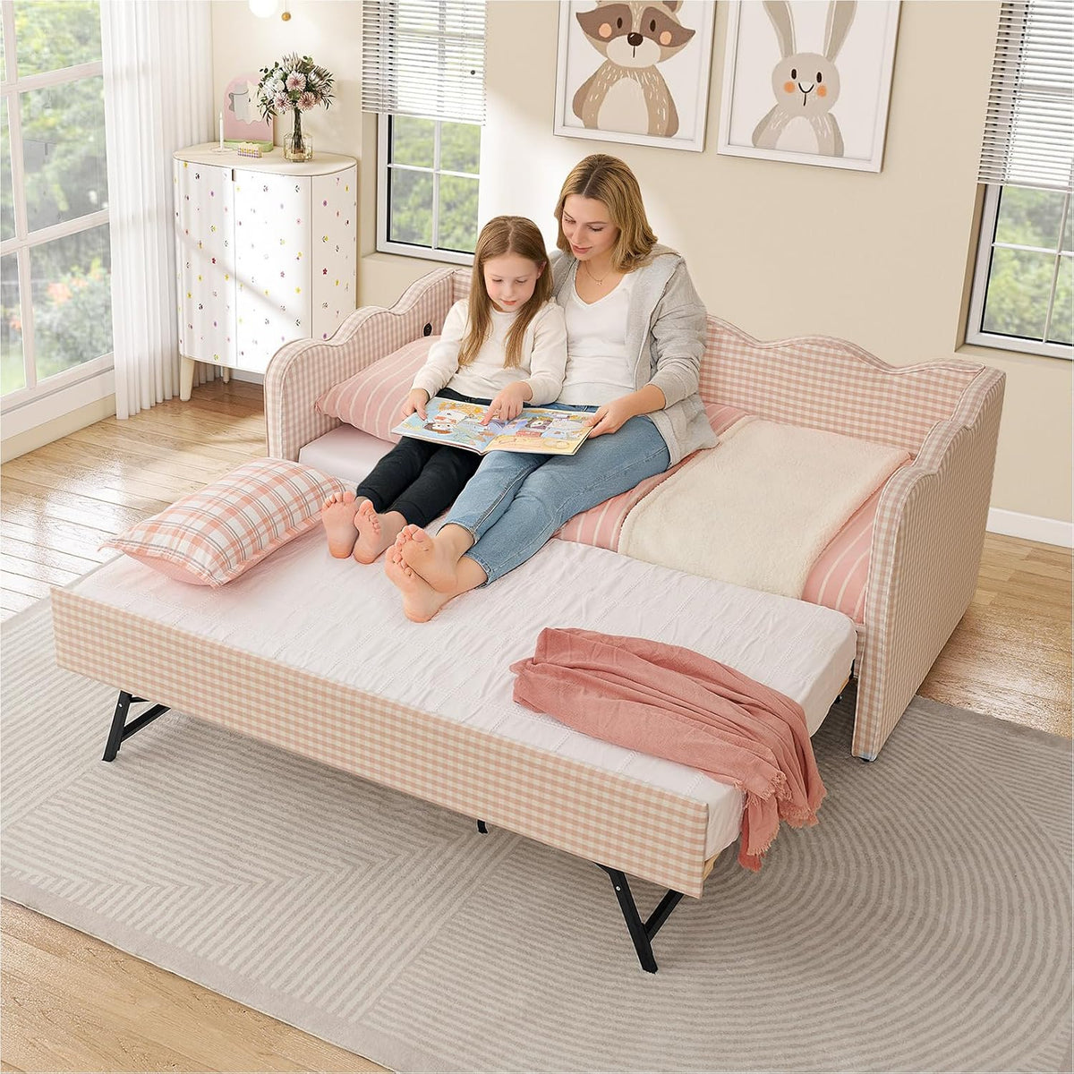 Twin Size Daybed with Pop Up Trundle, Linen Gingham Twin to King Daybed with USB Ports, Upholstered Day Bed Frame, Modern Sofa Bed for Living Room/Bedroom/Guest Room, No Box Spring Needed, Pink