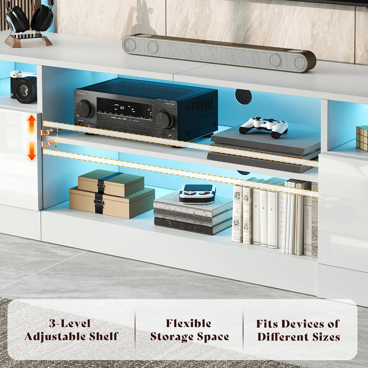 AMERLIFE 70" High-Gloss TV Stand for TVs up to 80" with LED Lights