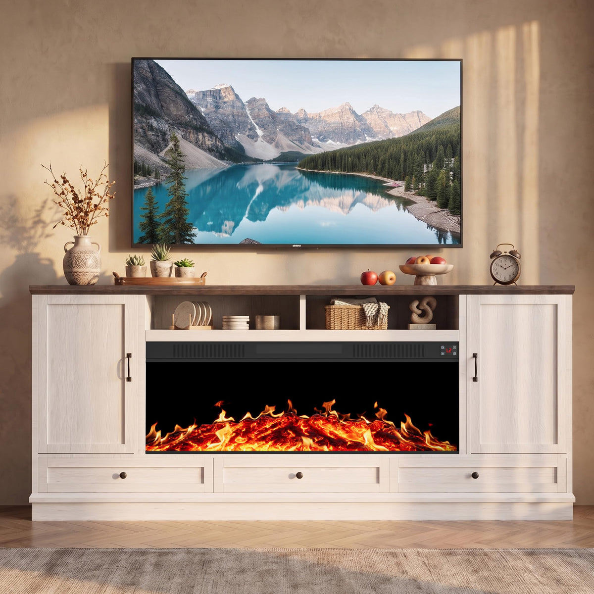 85" Large TV Stand with 47" Fireplace, 85" W & 39" H, Beige