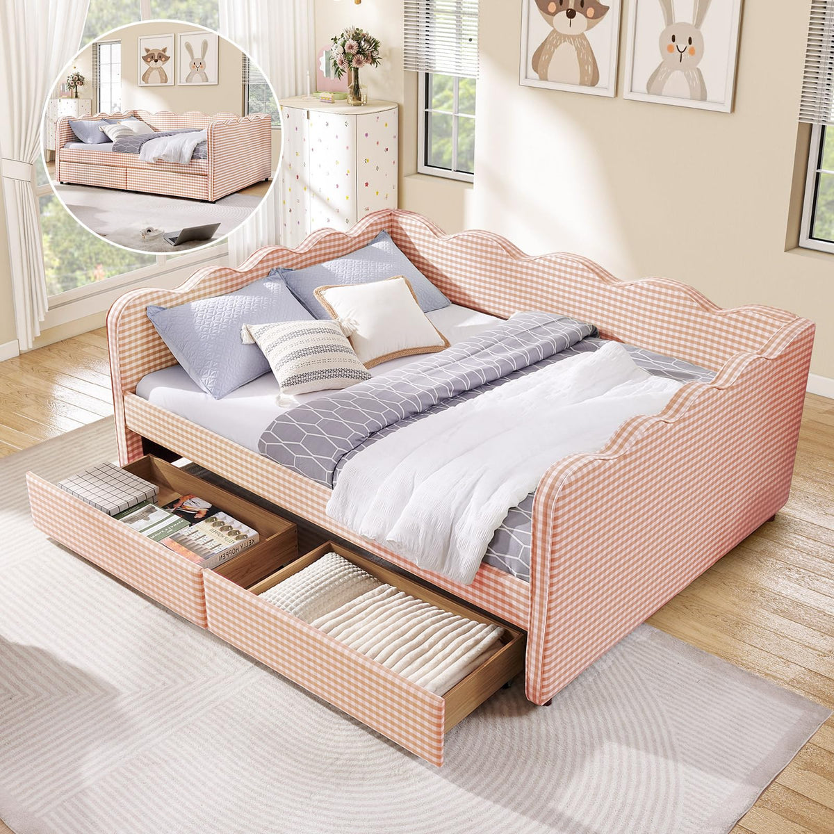 Twin Size Daybed with Pop Up Trundle, Linen Gingham Twin to King Daybed with USB Ports, Upholstered Day Bed Frame, Modern Sofa Bed for Living Room/Bedroom/Guest Room, No Box Spring Needed, Pink
