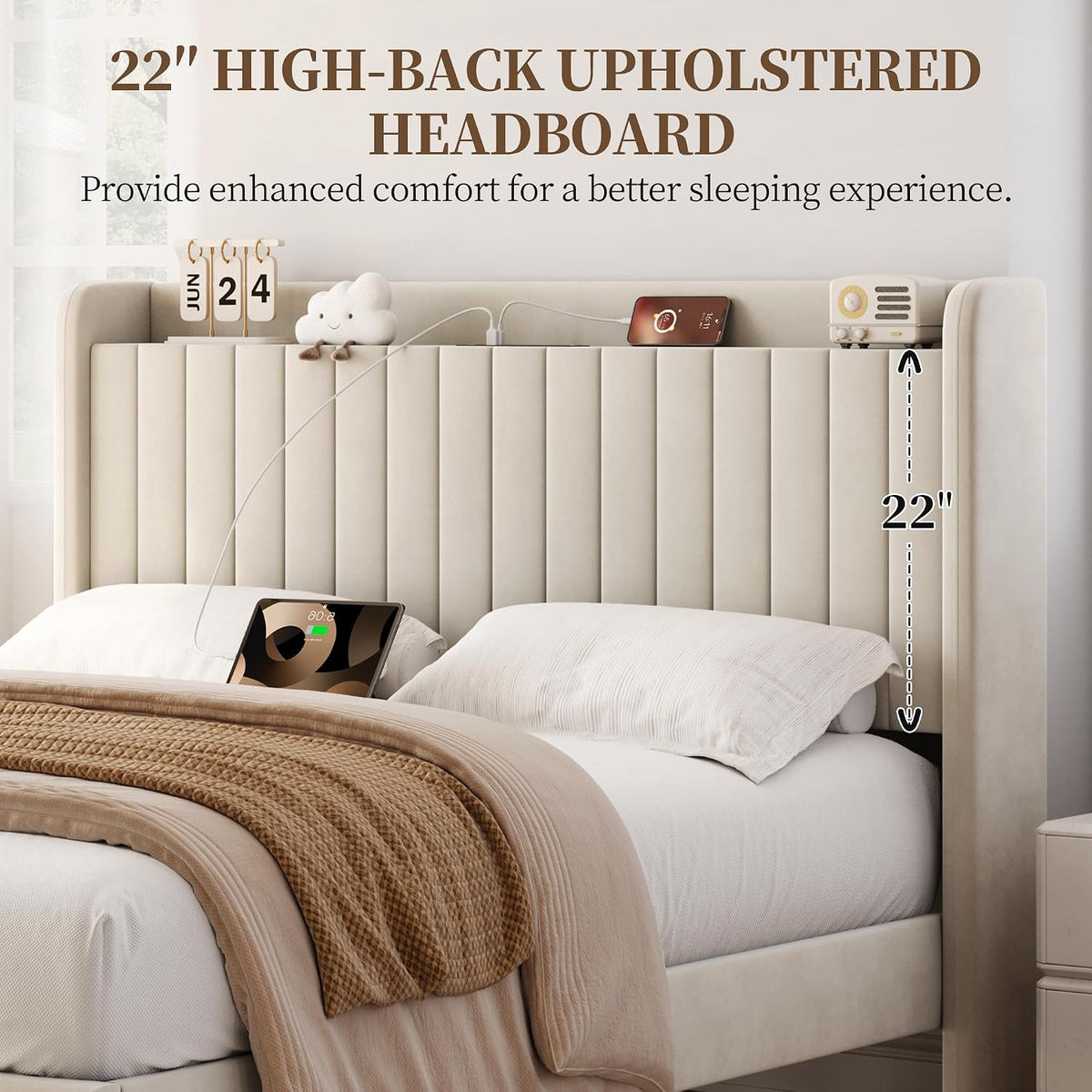 Yaheetech Queen Bed Frame with Channel-Tufted Storage Headboard, Cool Beige
