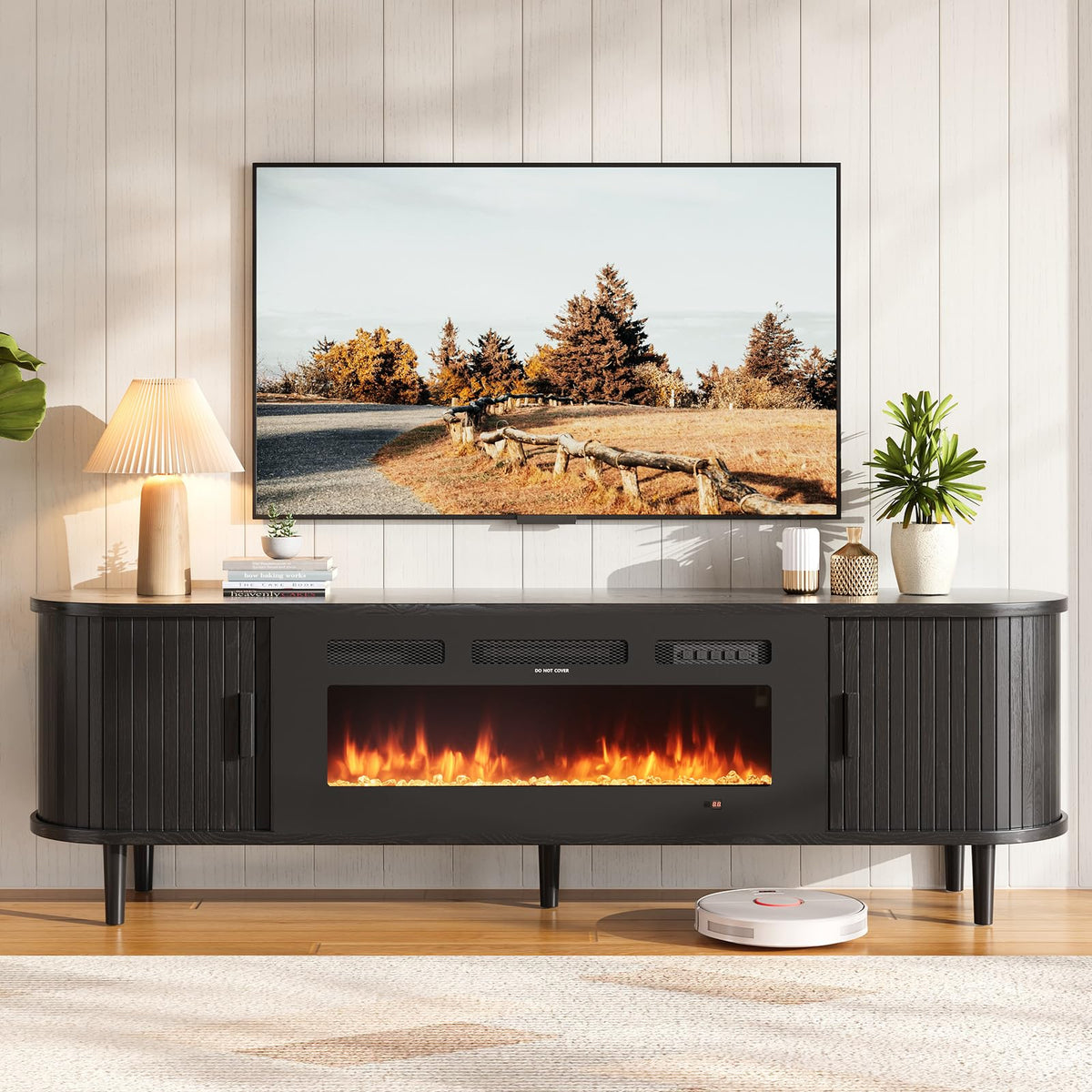 70" Mid Century Modern TV Stand with Fireplace, Fluted Fireplace TV Stand, Entertainment Center with Sliding Door, TV Console with Solid Wood Legs for Living Room, Black