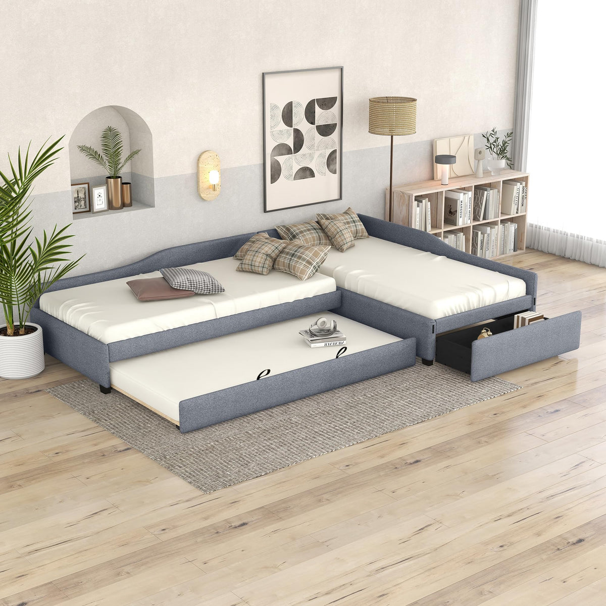 Merax Double Twin Size Daybed with Trundle and Storage Drawer, L Shaped Corner Bed with Wood Slats Support, Upholstered Sofabed for Bedroom Living Room,3 Beds in One Design, No Box Spring Needed
