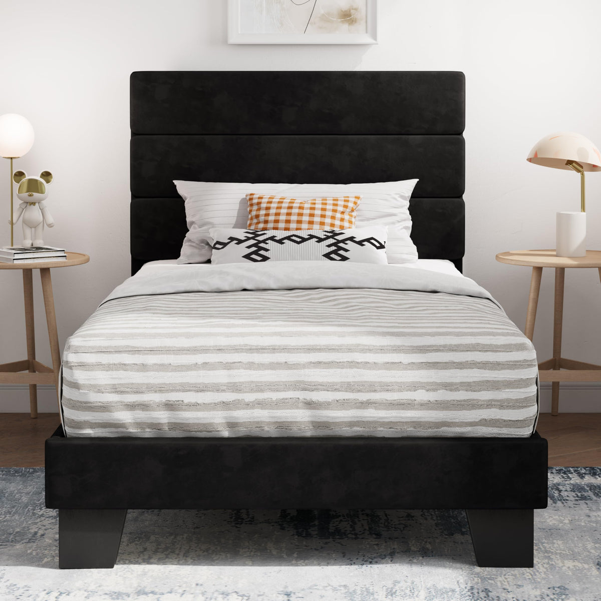 SHA CERLIN Queen Platform Bed Frame with Upholstered Fabric Headboard,Beige