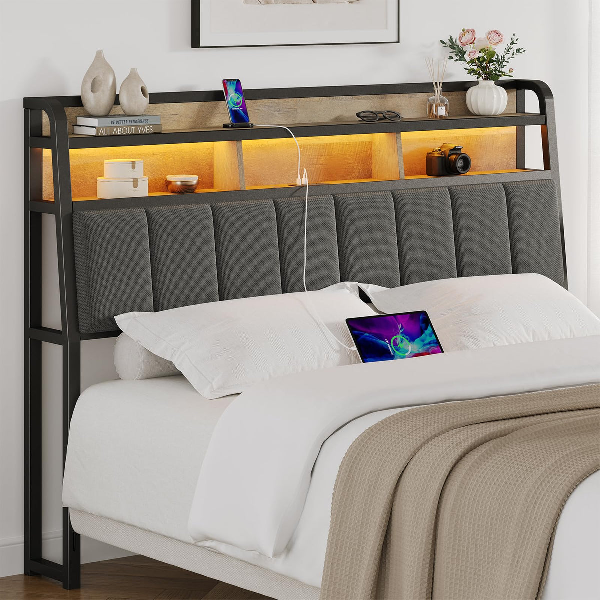 ComfyCorner King Size Headboard with Storage & LED Light, Black & Brown