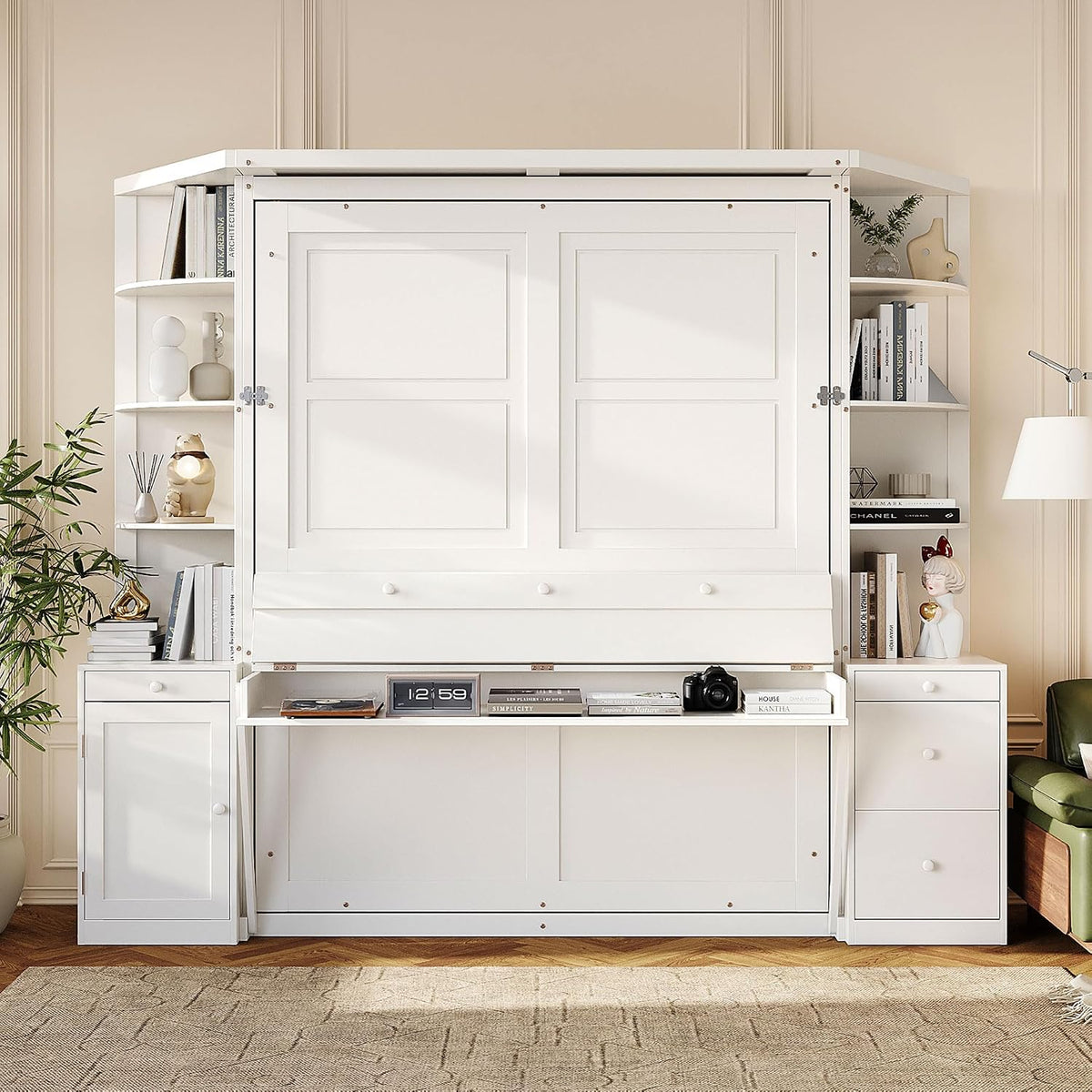 YOPTO Queen Murphy Bed with Storage Shelves and Desk,Cabinets,Lights,White