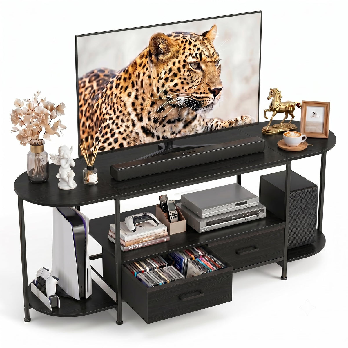 Faesun 63" TV Stand for TVs up to 75 Inches, Curved Edge Media Console & Entertainment Center with 2 Fabric Drawers, Modern TV Console Table for Living Room or Bedroom, Rustic Brown
