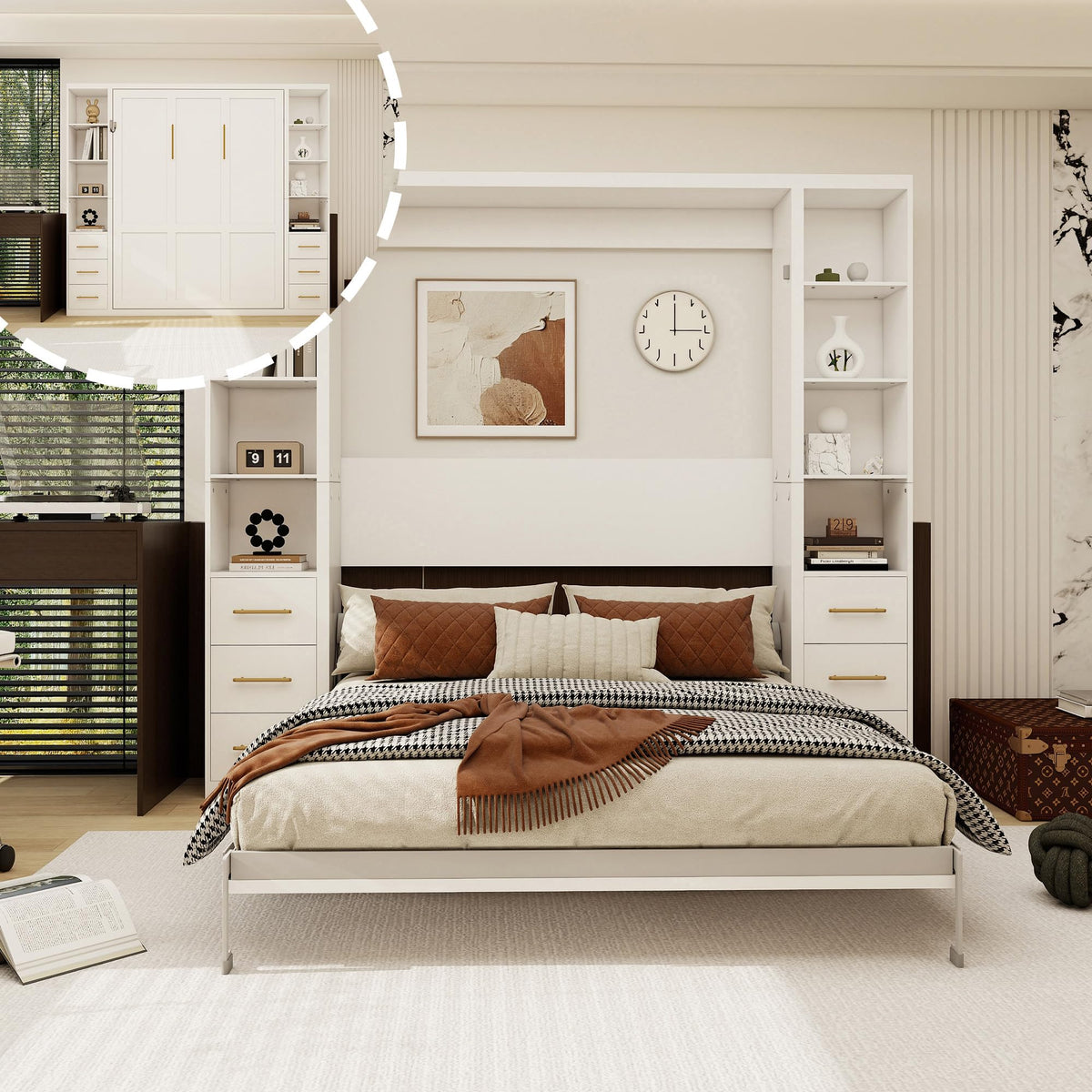 Queen Murphy Bed with Sofa, Space-Saving Wall Bed, Metal Frame, White