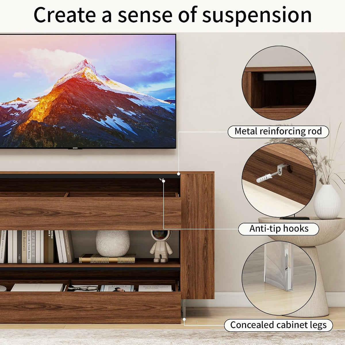 65" TV Stand with 2 Drawers & Hidden Cabinets, Brown Wood Grain Finish