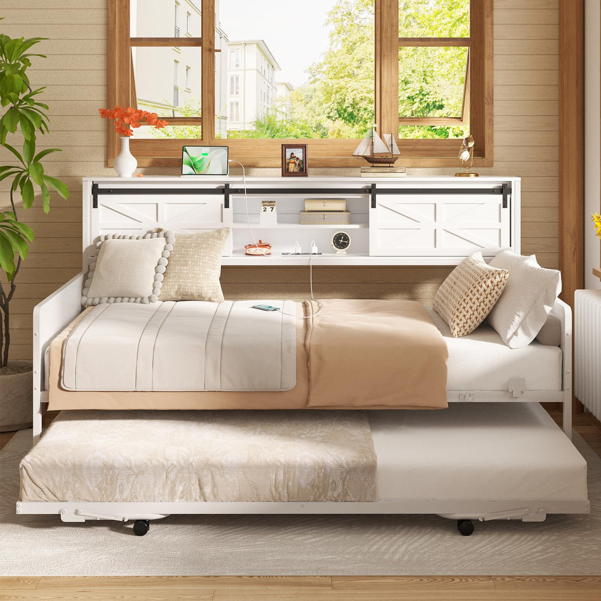 Homieasy Farmhouse Twin Daybed with Pop-Up Trundle, White
