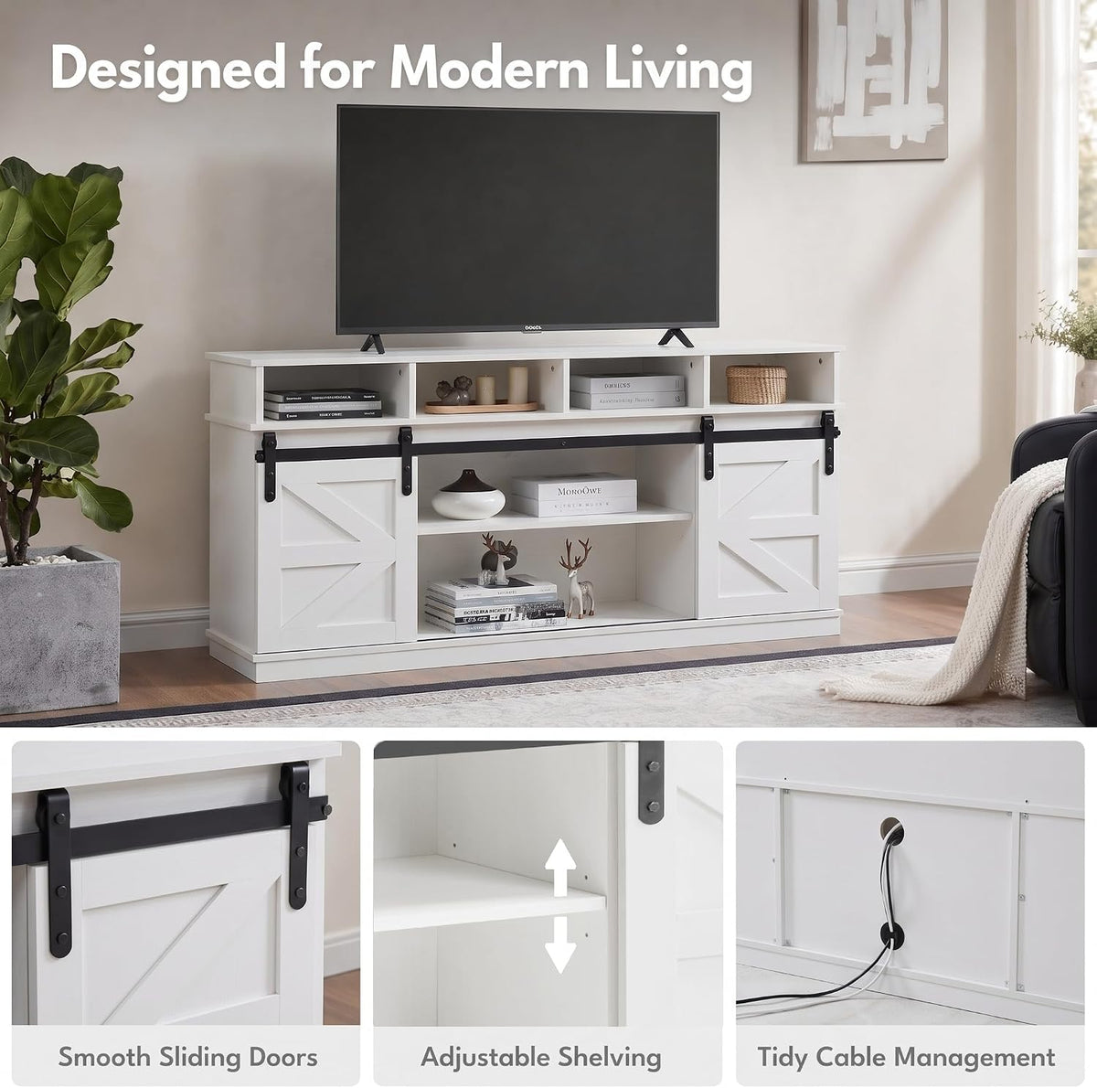 58" Farmhouse TV Stand with Sliding Barn Doors for TVs up to 65 Inch, Entertainment Center with Adjustable Shelves, Wood Media Console Storage Cabinet for Living Room Bedroom, White