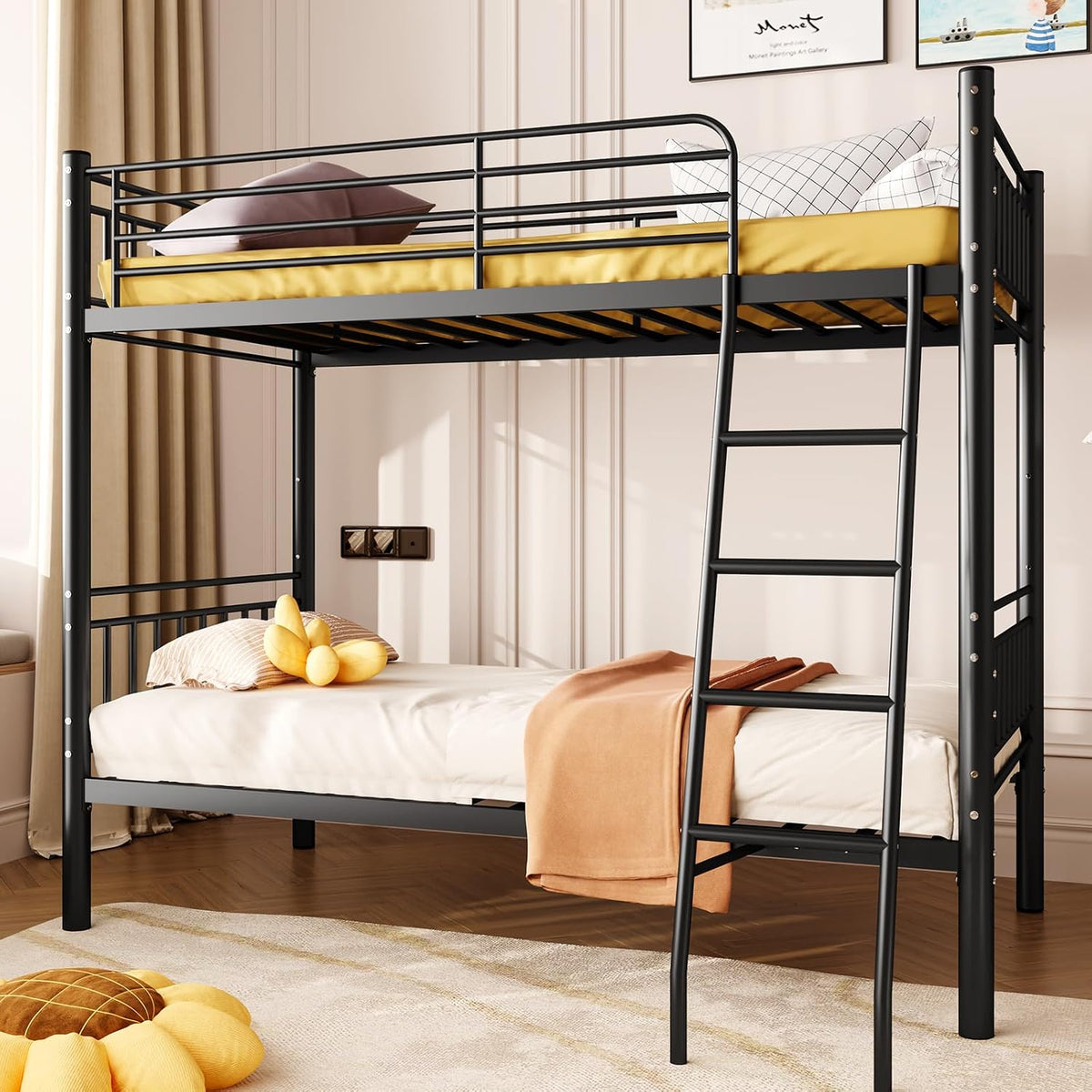 Bunk Bed Twin Over Twin, Metal Bed Frame, Twin Bunk Bed with Stairs and Safety Guardrail, No Box Spring Needed, Noise Free for Apartment, Bedroom (Black,02)