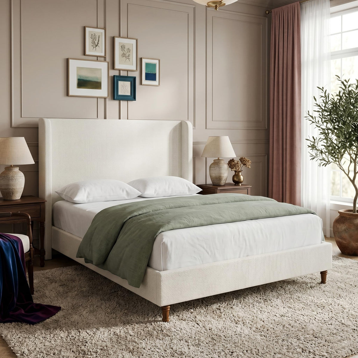 Harper Bed Frame with 54" Extra-Tall Headboard - Modern Wingback Upholstered Platform Bed, Textured Boucle Fabric, 1000lbs Heavy Duty Support, No Box Spring Needed(Ivory, King U.S. Standard)
