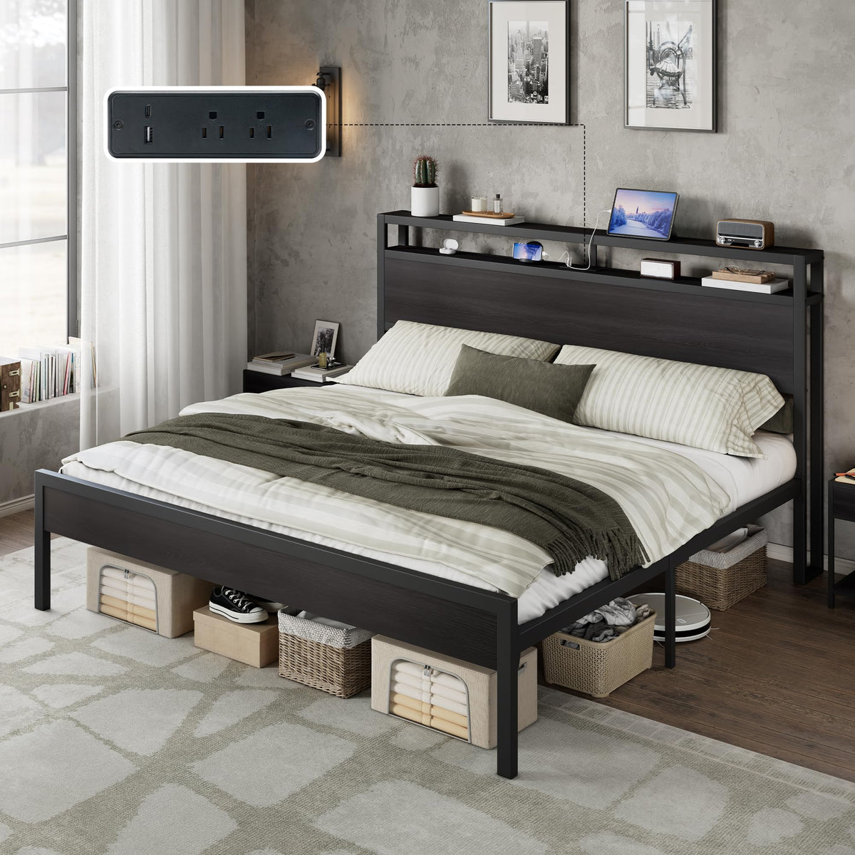 AMERLIFE King Size Platform Bed Frame with Charging Station