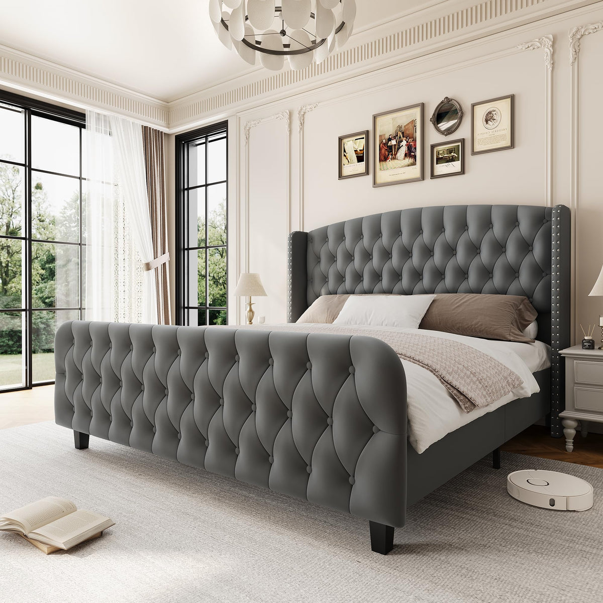 51" Tall Deep Button Tufted Suede Queen Bed Frame – Wingback Headboard & Footboard with Nailhead Trim – Sturdy Wood Slats, No Box Season Needed, Easy Assembly