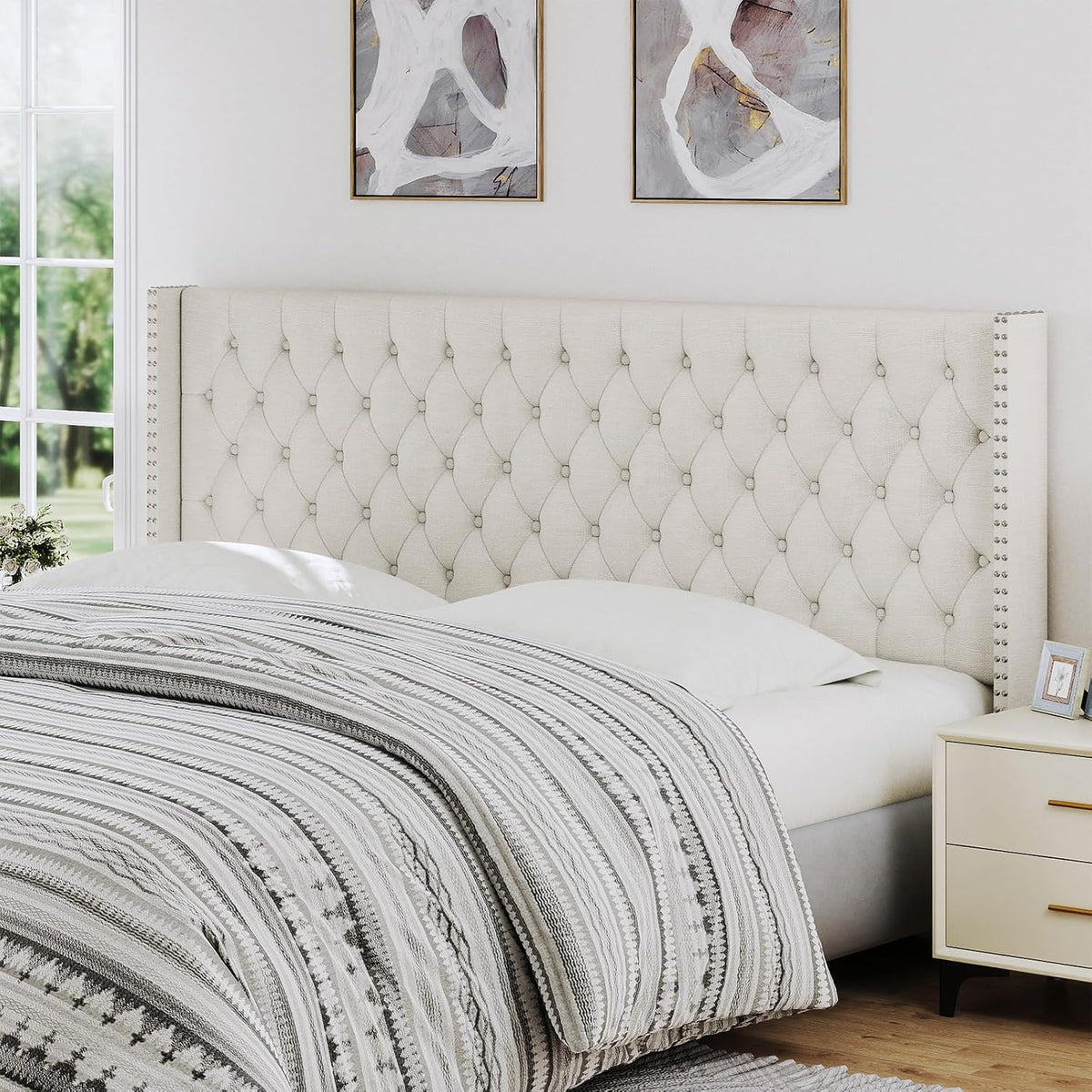 Furpopup Linen King Size Headboard Only, Wingback Wall Mount, Ivory