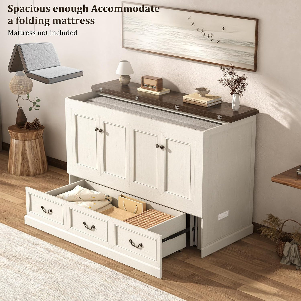 St.Mandyu Full Murphy Bed with Storage Drawers, Farmhouse Folding Bed Chest with Charging Station, Hideaway Beds with Foldable Panel for Guest Bedroom, Living Room, Office, Distressed White