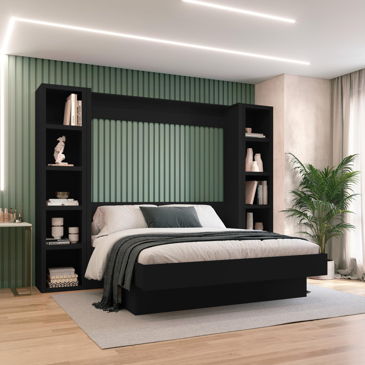 Oakland Living Easy-Lift Queen Murphy Wall Bed in Brown Wood Grain with Two Bookshelves