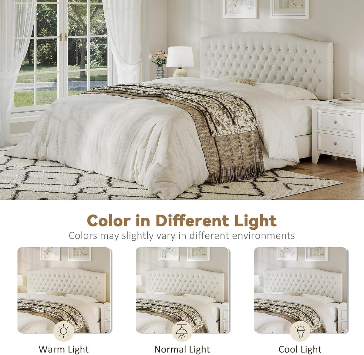 Befurtori King Headboard Only, Linen Classic Tufted Design, Ivory