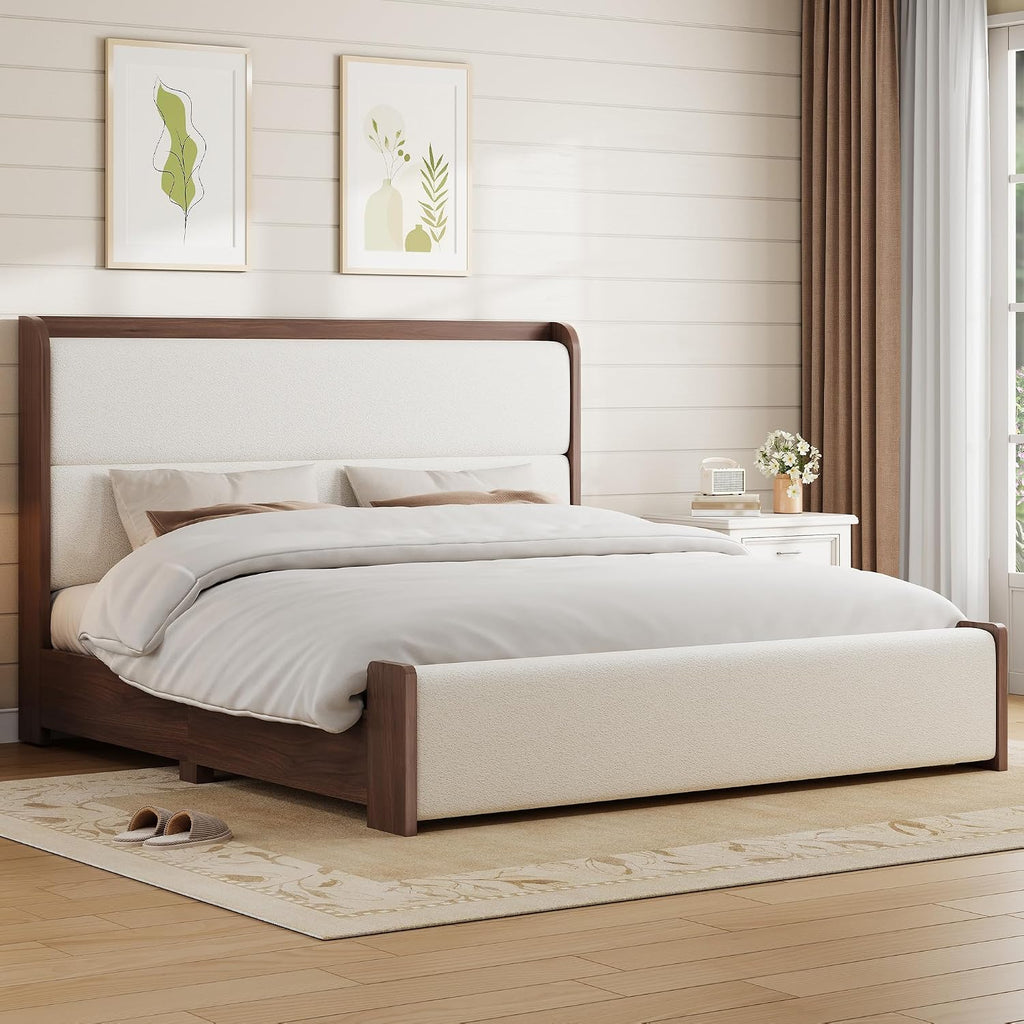 King Platform Bed Walnut with Boucle Upholstered Headboard & Footboard