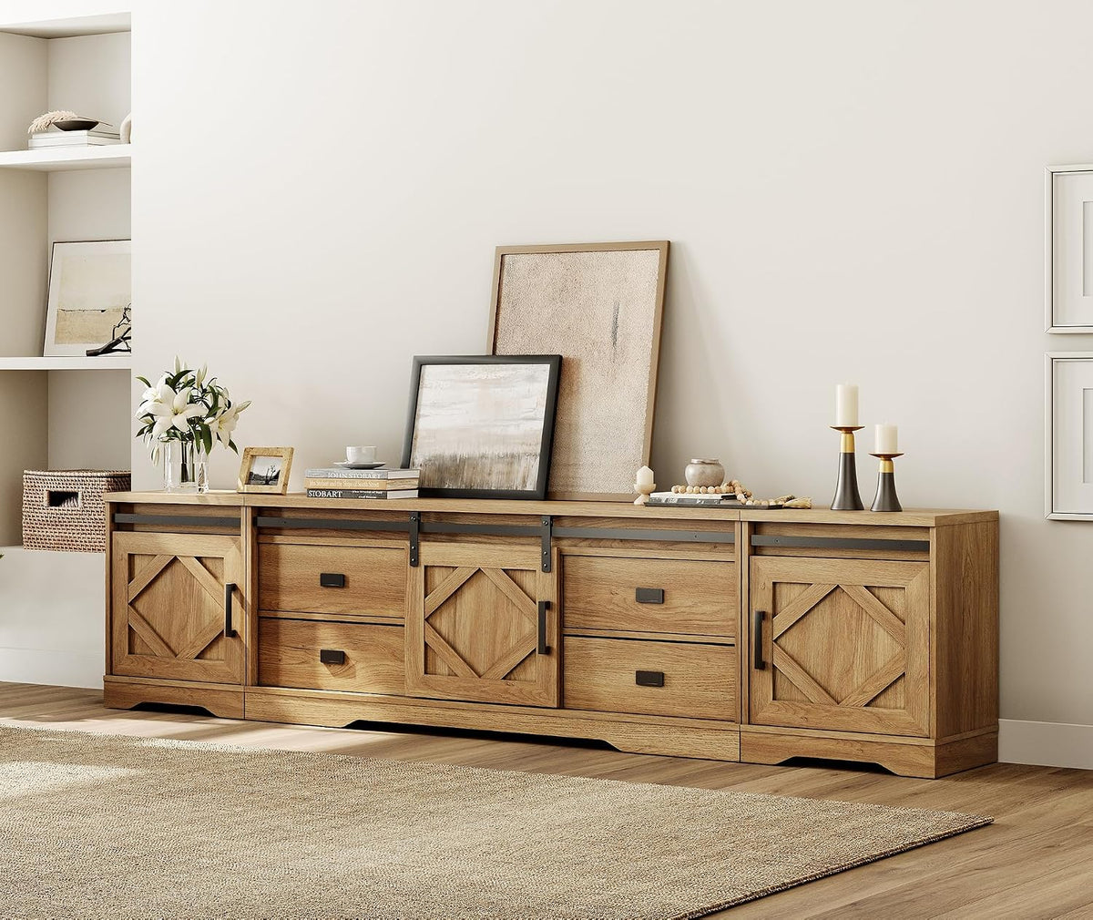 WAMPAT 98.5 inch Wide Large Farmhouse TV Stand w/Drawers & Storage Cabinet