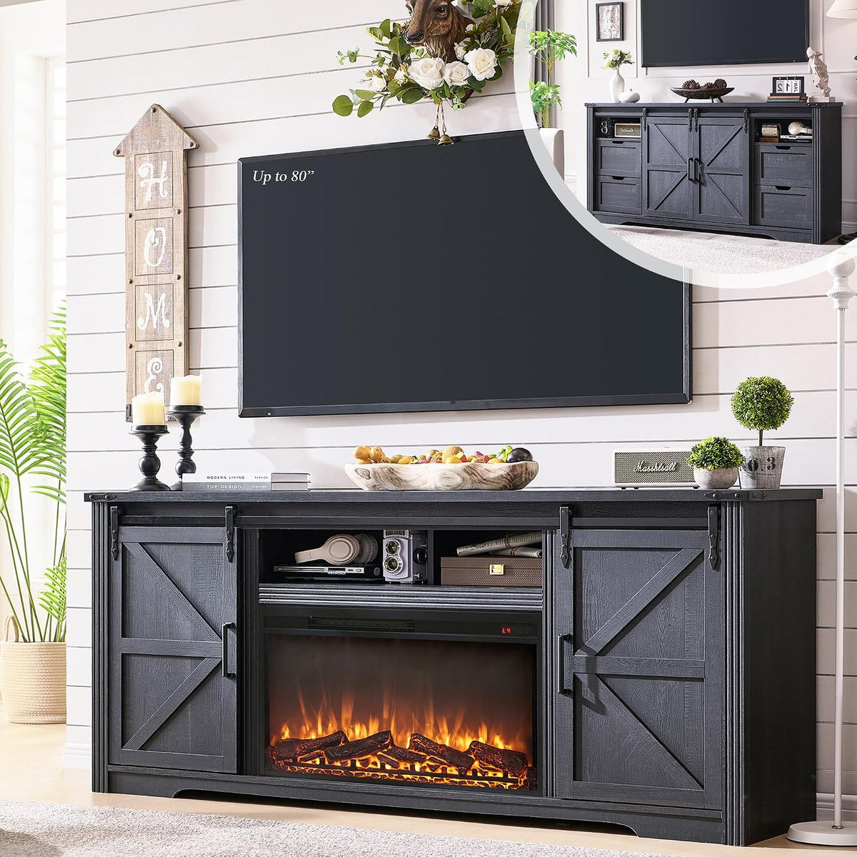 Farmhouse Fireplace TV Stand for 80 Inch TV, w/Drawer & Sliding Barn Door