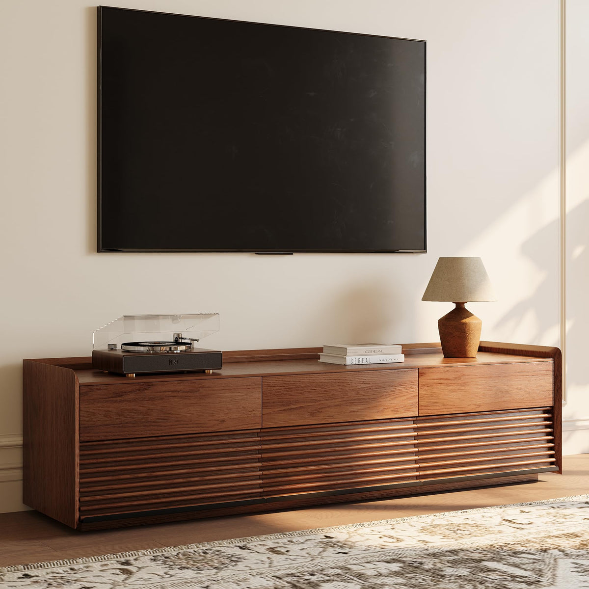 POVISON 118.11" Fully-Assembled Wood TV Stand with Adjustable LED Light