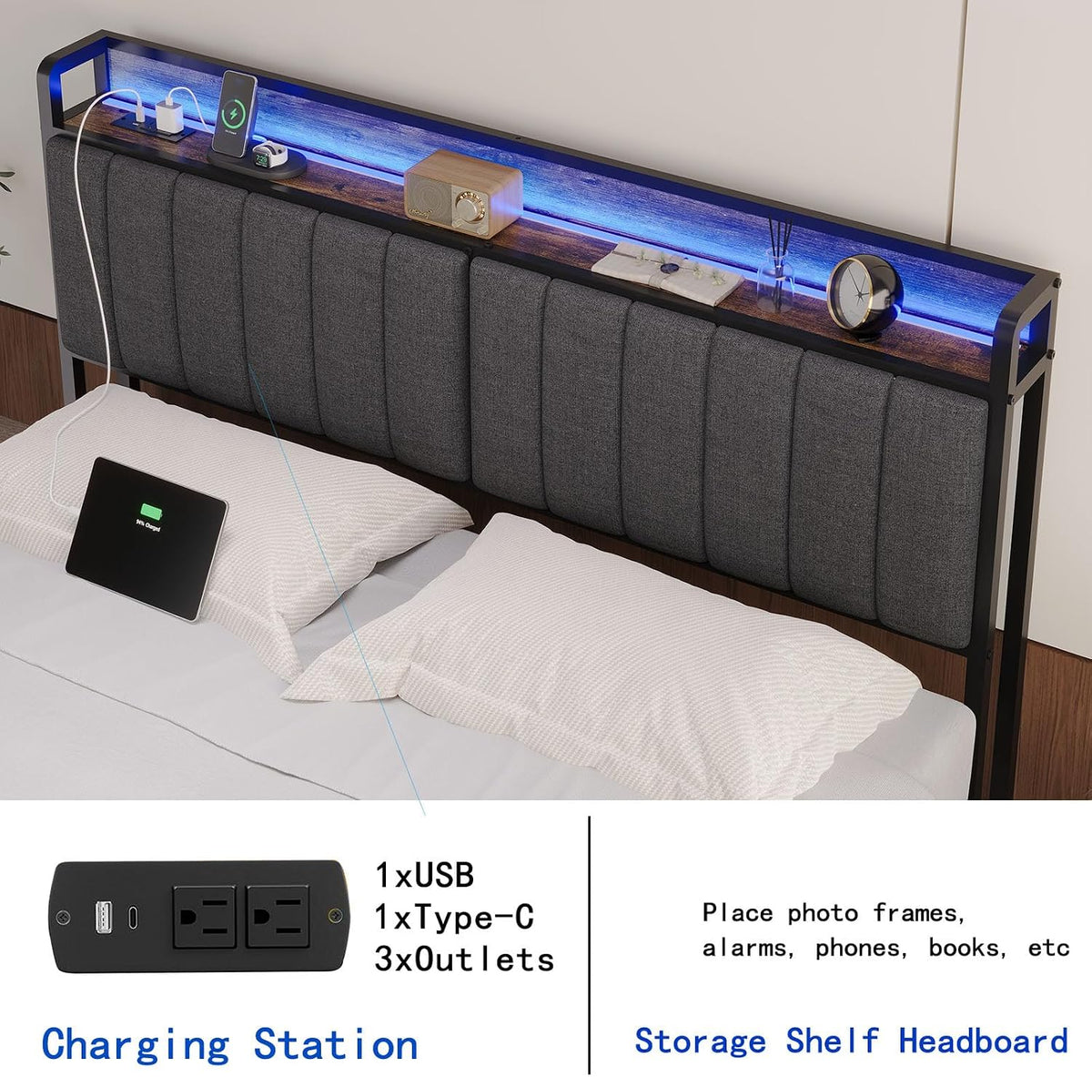 King Headboard Only with Storage & Outlets,Bed Headboard King Size,Gray