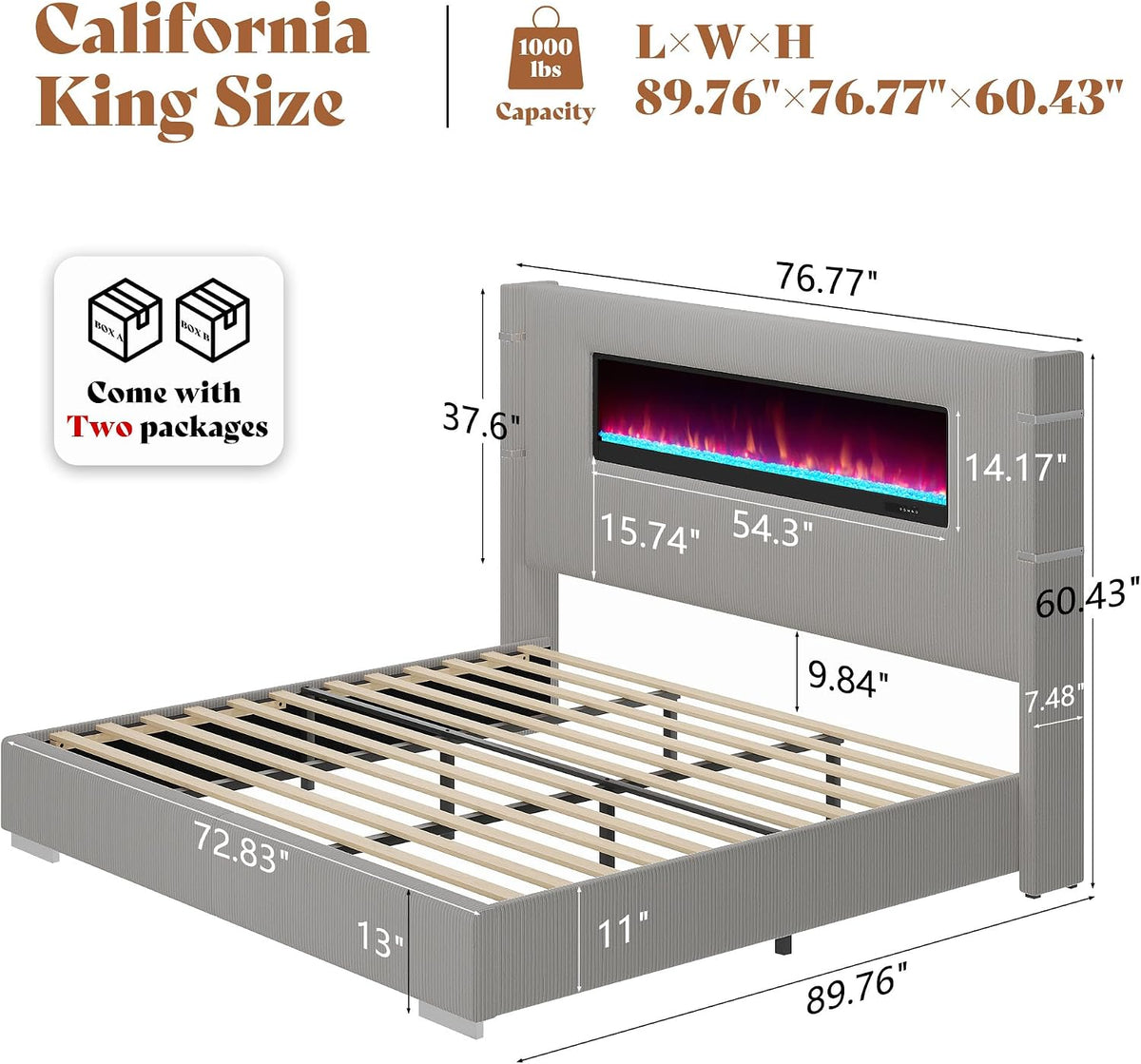 AMERLIFE Cal King Fireplace Bed Frame, Upholstered Headboard, Light Gray